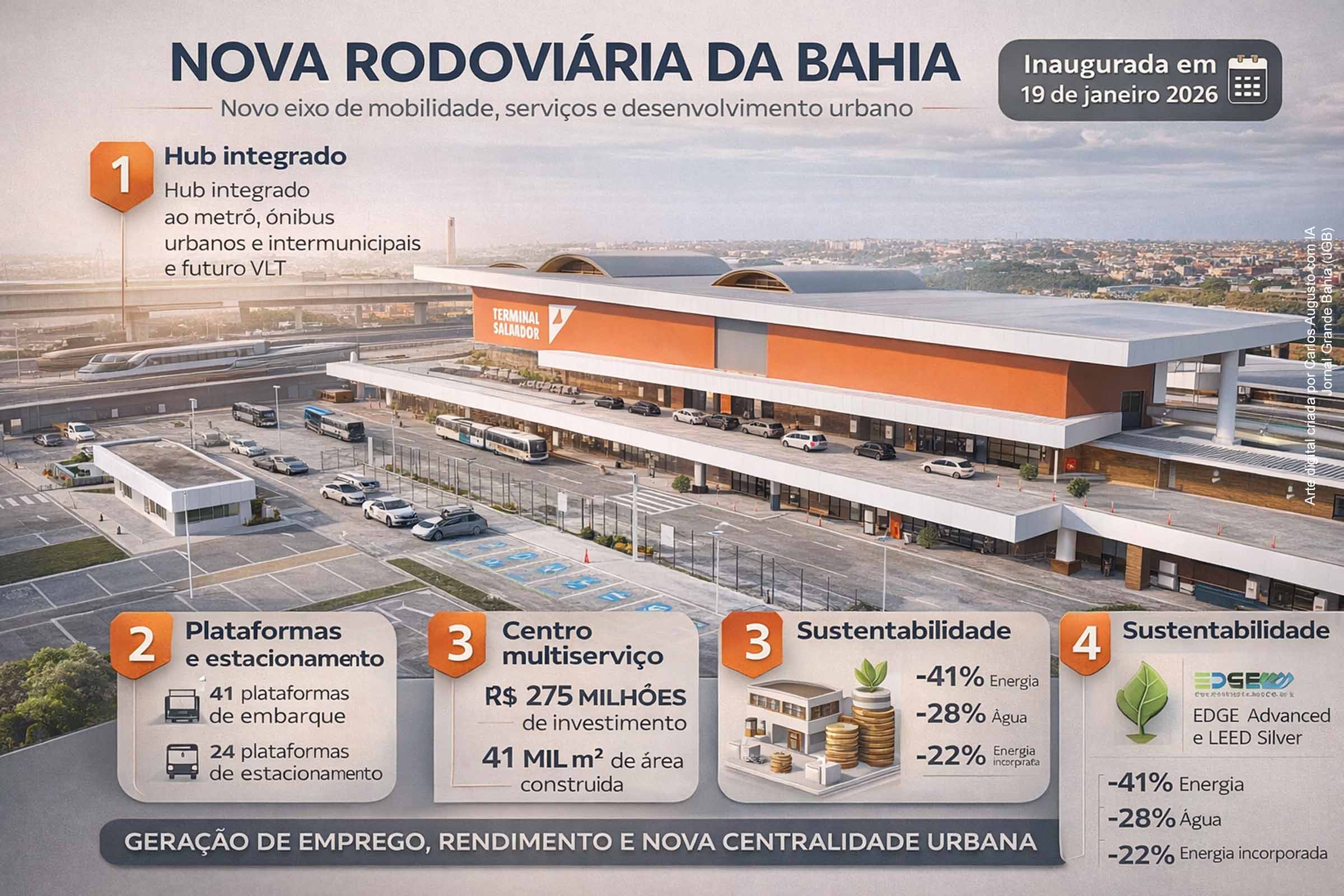 A Nova Rodoviária da Bahia – Terminal Salvador foi inaugurada em 19/01/2026 e inicia operações em 20/01, integrando rodoviária, metrô, ônibus urbanos e futuro VLT. Com capacidade para 20 mil passageiros diários, o complexo gera milhares de empregos, amplia serviços públicos, fortalece a economia local e inaugura um novo eixo de mobilidade e desenvolvimento urbano em Salvador.