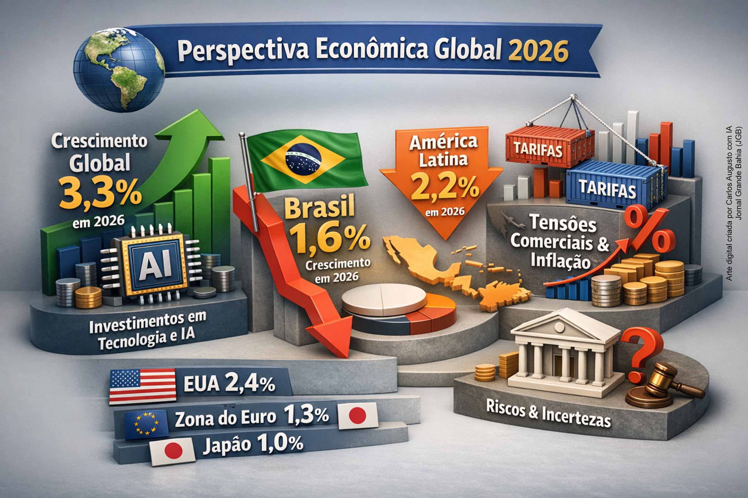 O FMI projeta crescimento global de 3,3% em 2026, sustentado por investimentos em tecnologia e IA, mas alerta para riscos comerciais e inflacionários. A América Latina desacelera, com o Brasil crescendo 1,6%. Os Estados Unidos mantêm desempenho superior à Europa, enquanto a incerteza sobre tarifas e decisões judiciais segue como fator de instabilidade no cenário econômico internacional.