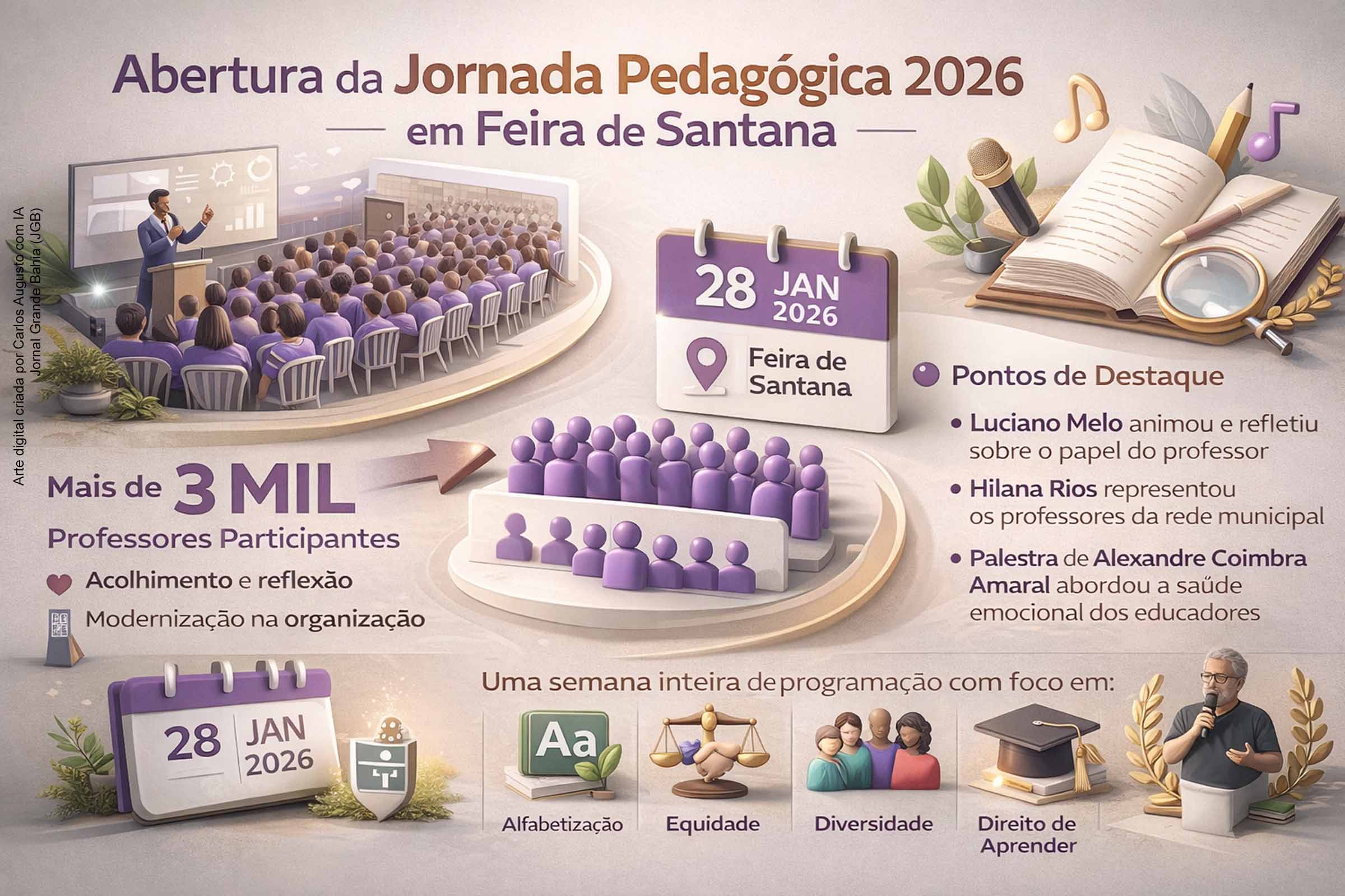 A abertura da Jornada Pedagógica 2026 reuniu mais de 3 mil professores da Rede Municipal de Feira de Santana, destacando acolhimento, formação e valorização docente. Com apresentações culturais, palestra sobre saúde emocional e inovação na organização, o evento marcou o início do ano letivo e reforçou o compromisso institucional com uma educação pública humana, inclusiva e orientada ao direito de aprender.