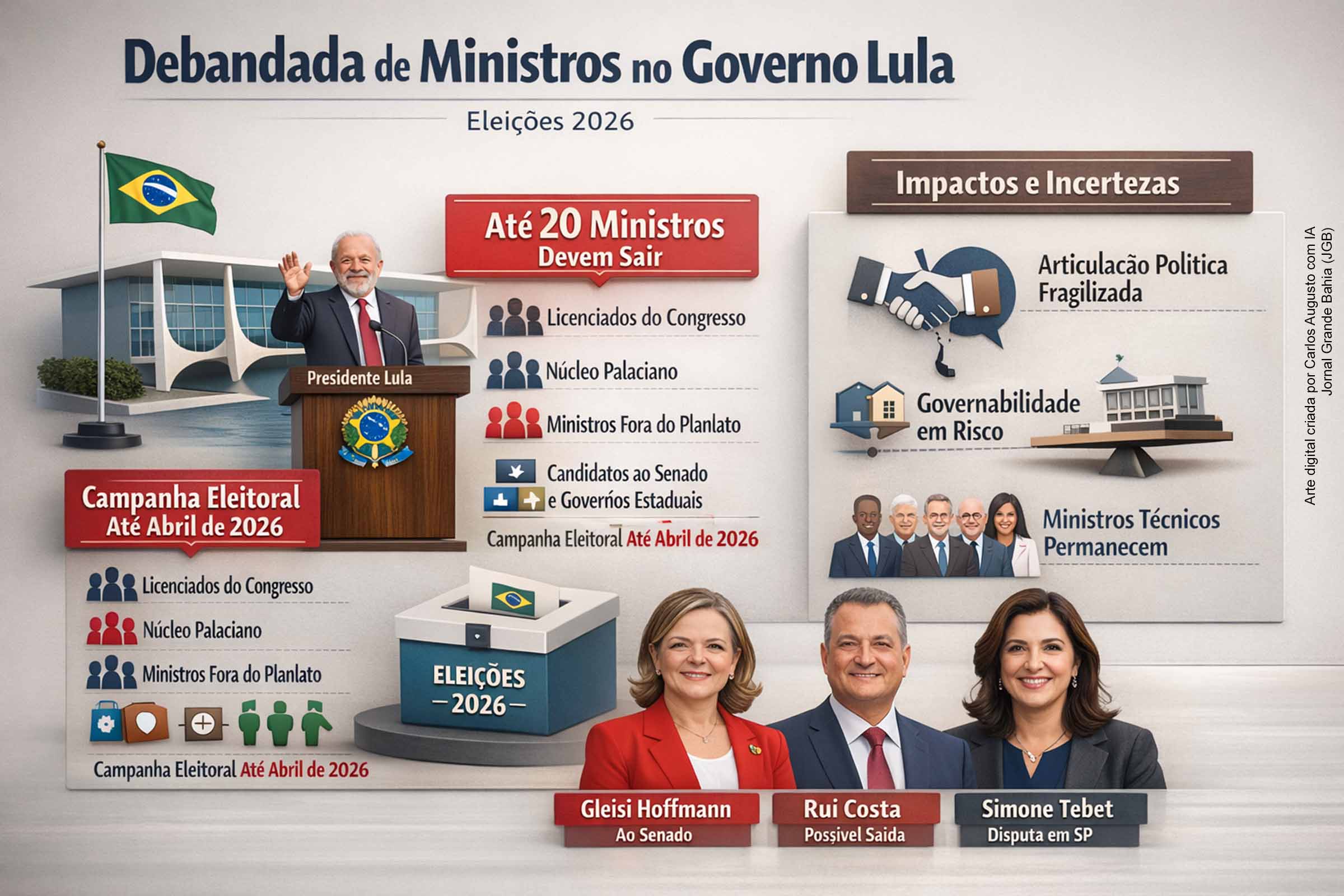 O governo Lula pode perder até 20 ministros até abril de 2026, em razão da disputa eleitoral. A estratégia visa fortalecer a base do presidente nos estados, mas provoca incertezas na Esplanada, sobretudo na articulação política. Saídas de nomes centrais, como Gleisi Hoffmann e Rui Costa, contrastam com a permanência de ministros técnicos, revelando o desafio de conciliar campanha, governabilidade e continuidade administrativa.