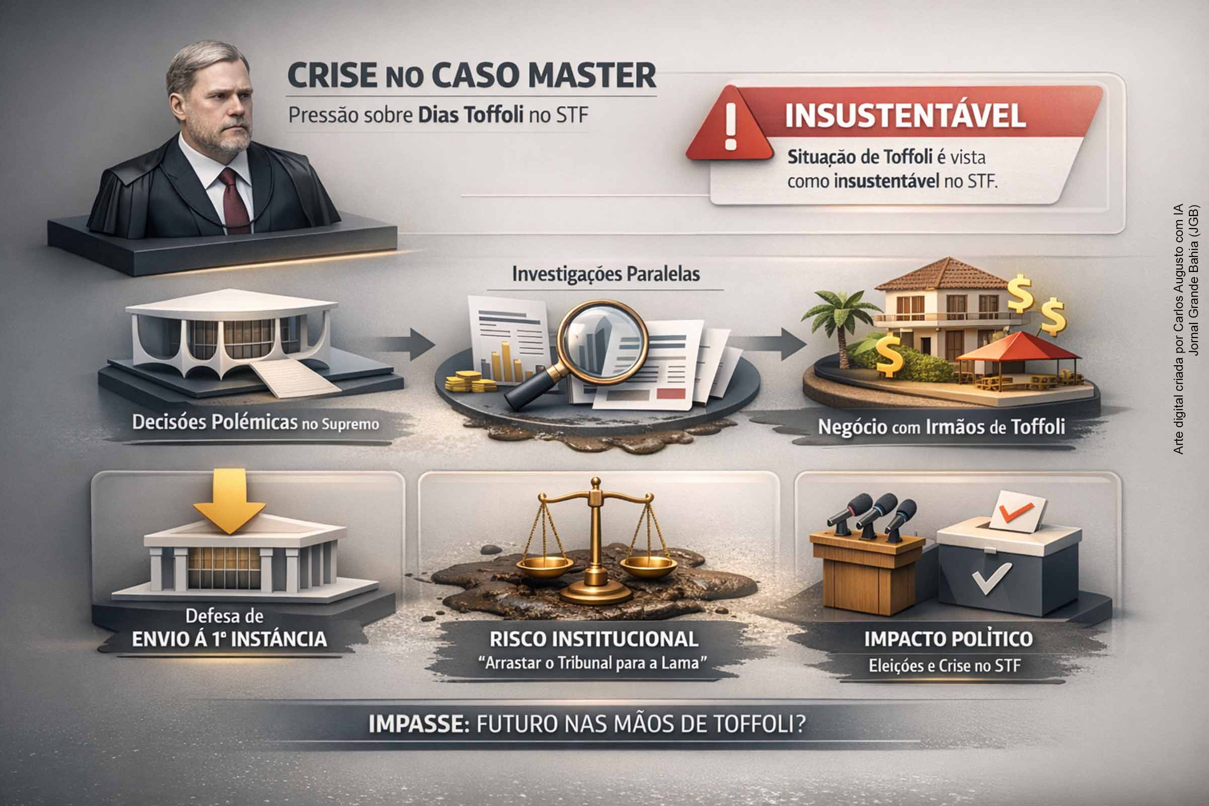 Investigadores consideram insustentável a situação do ministro Dias Toffoli à frente do Caso Master e alertam o STF sobre o risco de agravamento institucional. Com investigações paralelas fora do Supremo e novos fatos em potencial, cresce a defesa de envio do processo à primeira instância como forma de reduzir o desgaste da Corte. O impasse permanece, com impactos jurídicos e políticos relevantes.