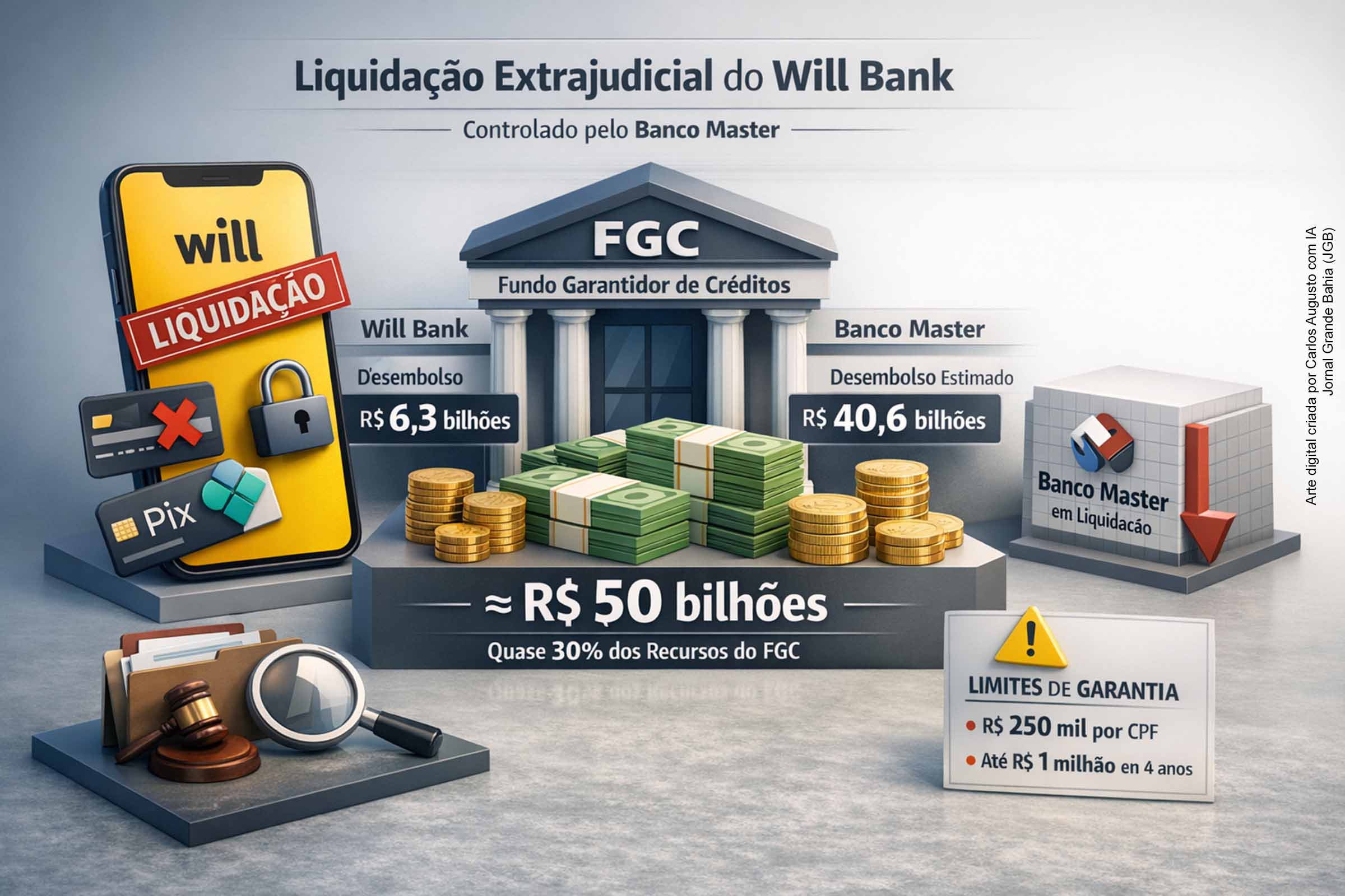 A liquidação extrajudicial do Will Bank, controlado pelo Banco Master, bloqueou contas e serviços de milhões de clientes e ampliou a pressão sobre o Fundo Garantidor de Créditos, cujo desembolso potencial se aproxima de R$ 50 bilhões. O caso evidencia riscos de contágio entre instituições do mesmo conglomerado, impõe desafios operacionais ao FGC e reacende o debate sobre supervisão, governança e proteção efetiva aos usuários do sistema financeiro.