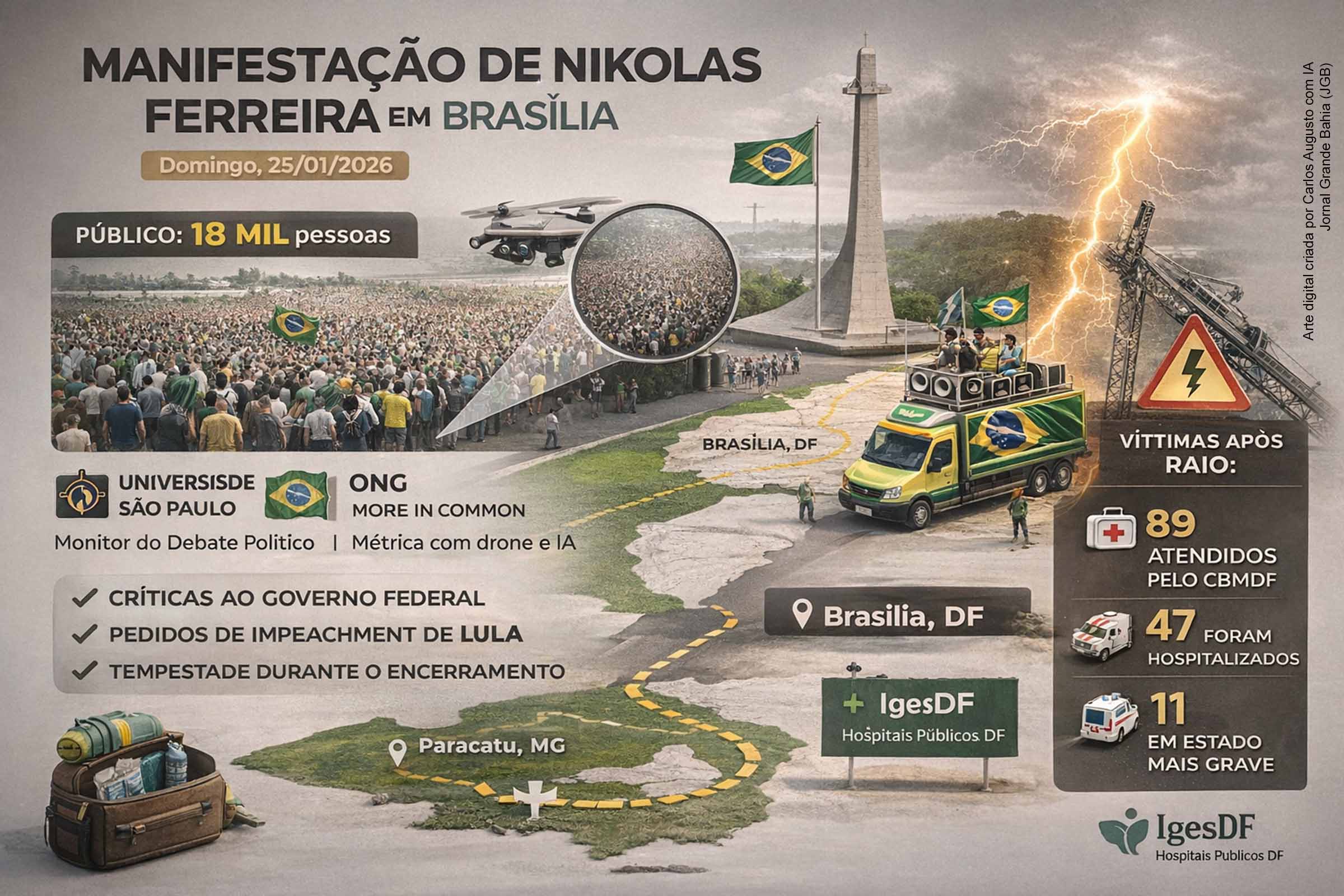 A manifestação liderada por Nikolas Ferreira reuniu 18 mil pessoas em Brasília, segundo monitoramento da USP, e marcou o encerramento da “Caminhada pela Liberdade”. O ato terminou sob forte chuva, após um raio atingir um guindaste na Praça do Cruzeiro, deixando dezenas de feridos. Não houve mortes. O episódio levantou questionamentos sobre segurança e organização em grandes mobilizações políticas ao ar livre.