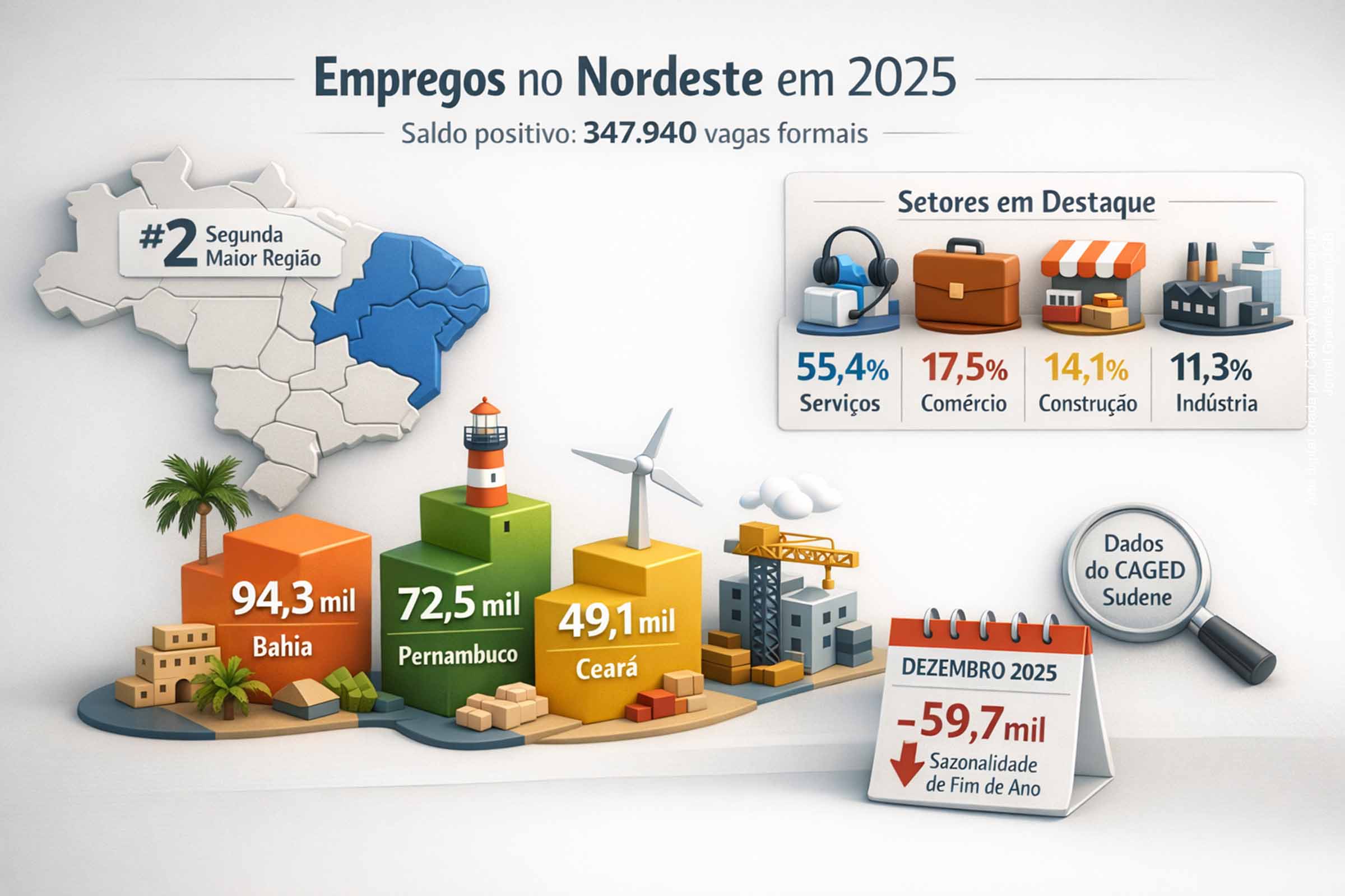 Nordeste registra o segundo maior saldo de empregos formais do país em 2025, impulsionado por serviços e comércio