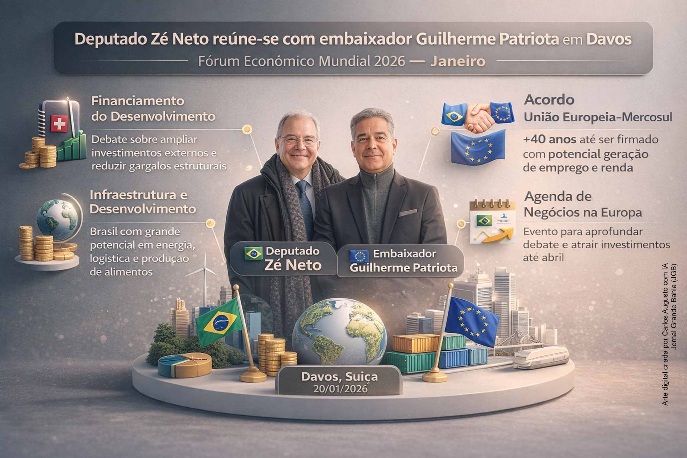 O deputado Zé Neto reuniu-se com o embaixador Guilherme Patriota em Davos, durante o Fórum Econômico Mundial 2026, para discutir infraestrutura, financiamento do desenvolvimento e atração de investimentos. O encontro destacou o potencial brasileiro em energia, logística e produção, além do impacto do acordo União Europeia–Mercosul. O parlamentar avaliou positivamente o momento econômico do país e sinalizou agenda de negócios na Europa até abril.