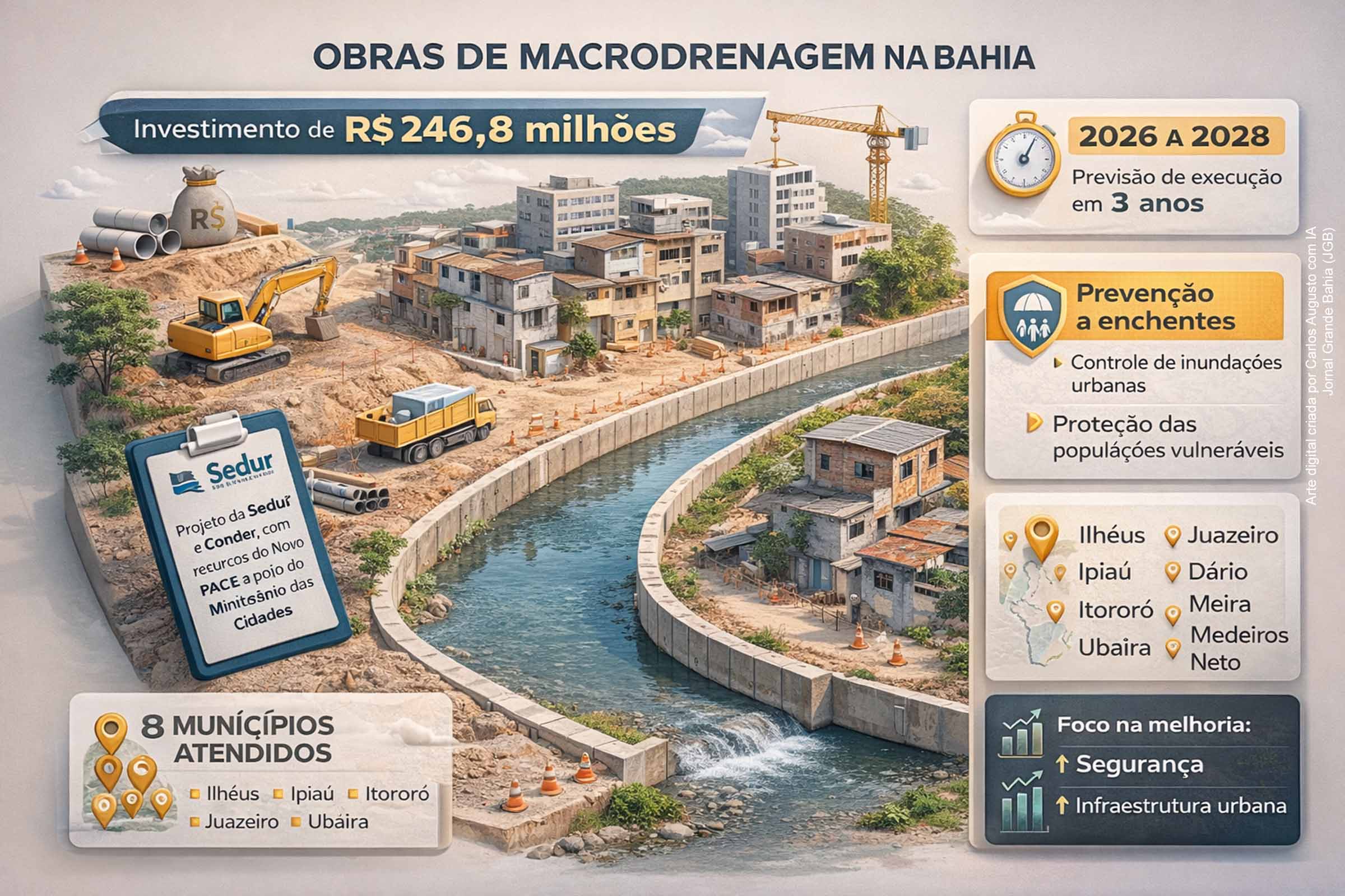 Obras de macrodrenagem na Bahia recebem R$ 246,8 milhões para prevenir enchentes e proteger áreas urbanas em oito municípios, diz Governo Jerônimo