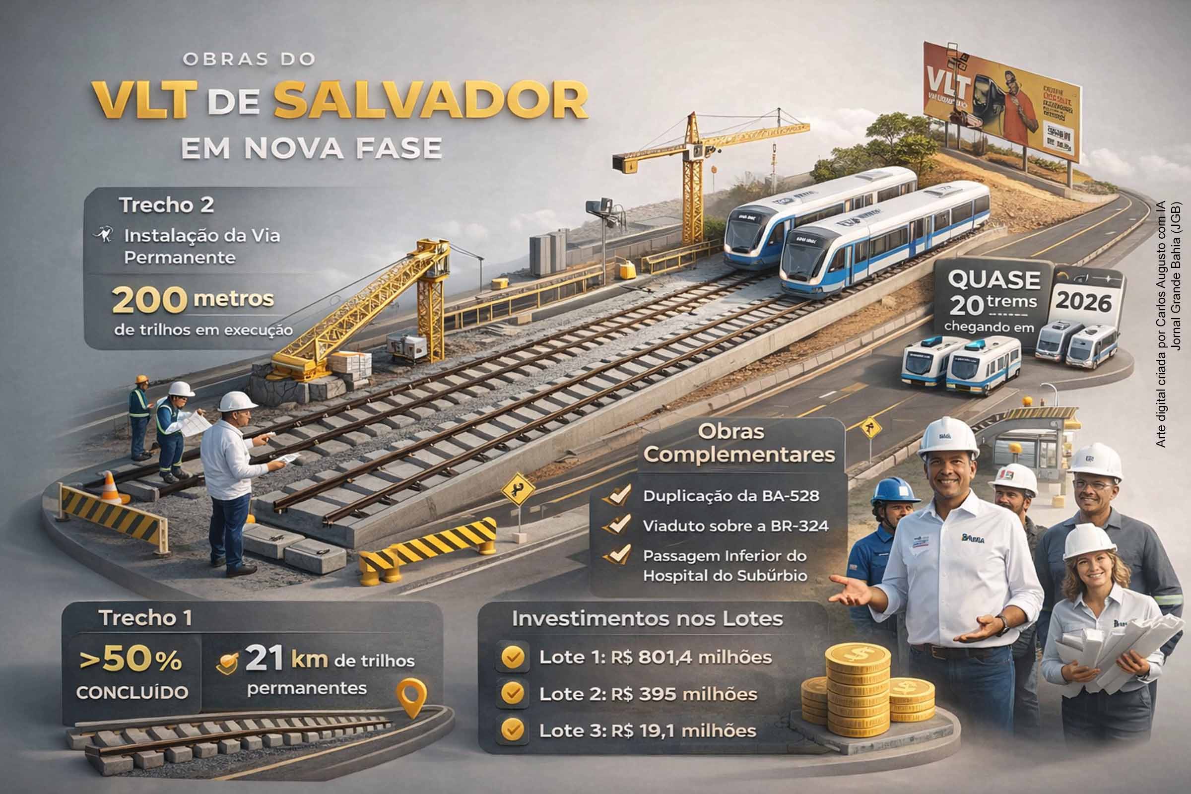 Obras do VLT de Salvador avançam e entram em nova fase com instalação da via permanente no Trecho 2