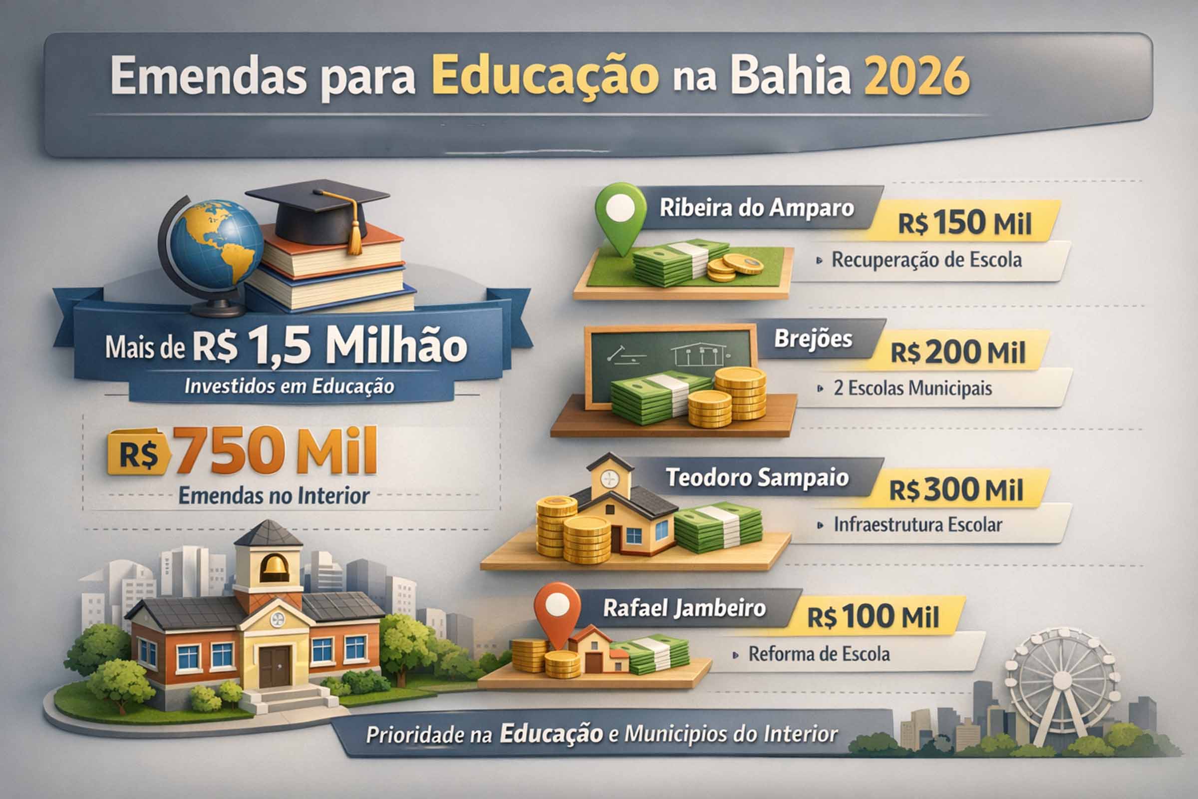 Orçamento da Bahia para 2026 destina mais de R$ 1,5 milhão em emendas de parlamentar estadual para educação no interior