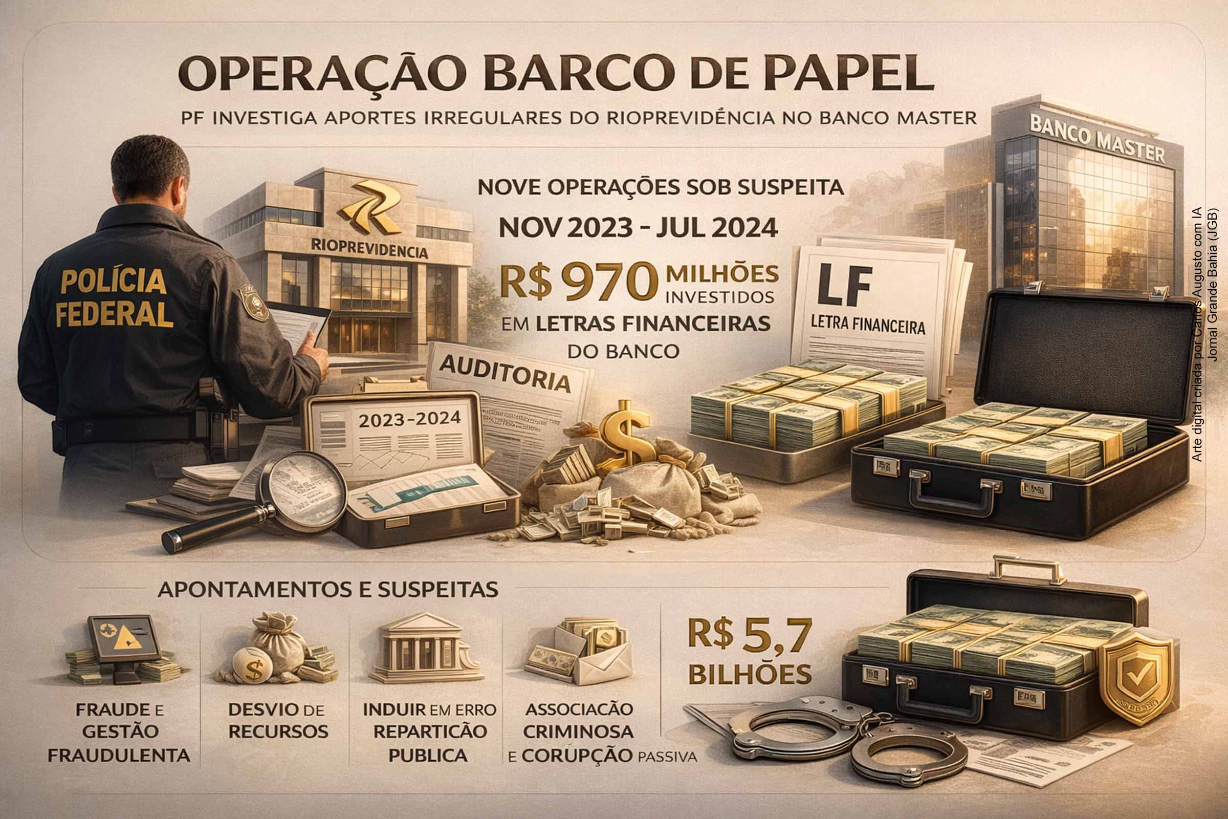 A Polícia Federal deflagrou em 23 de janeiro de 2026 a Operação Barco de Papel para apurar suspeitas de irregularidades em investimentos do Rioprevidência em títulos ligados ao Banco Master. A investigação analisa nove operações realizadas entre 2023 e 2024, que somaram cerca de R$ 970 milhões, e apura crimes financeiros, associação criminosa e corrupção passiva, em meio à crise que levou à liquidação do banco.