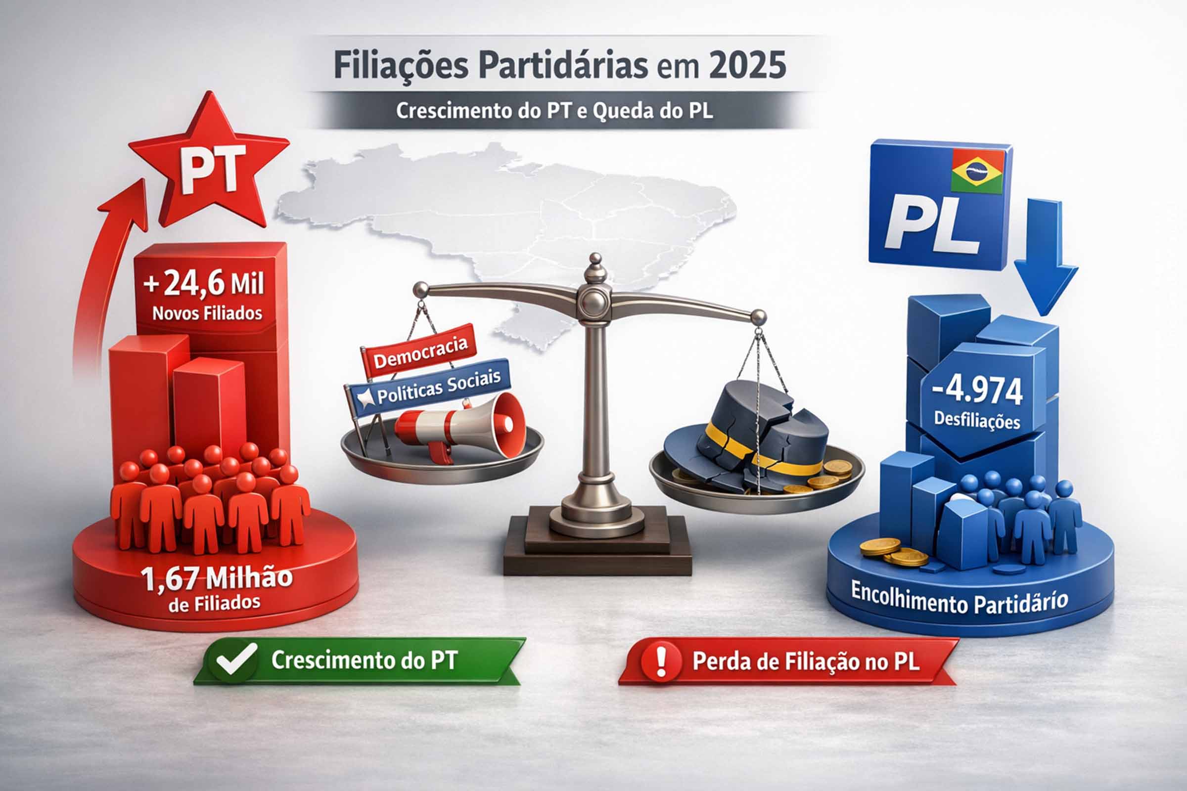 PT lidera crescimento de filiações no país em 2025; PL registra queda no quadro de inscritos