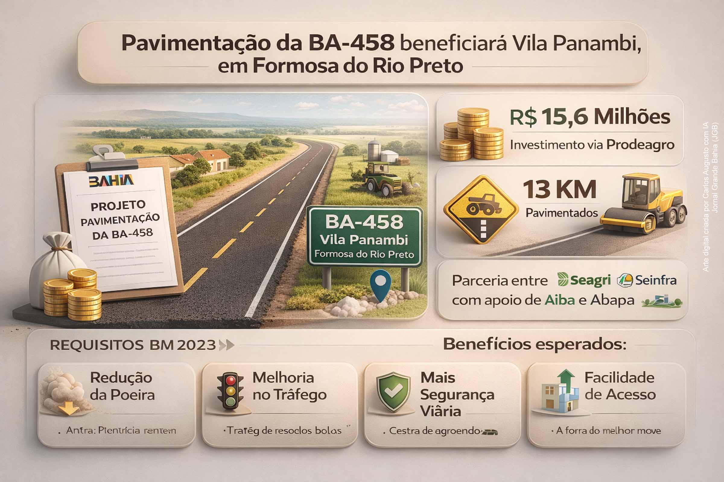 Parceria entre Seagri e Seinfra garante pavimentação da BA-458 e beneficia a Vila Panambi, em Formosa do Rio Preto