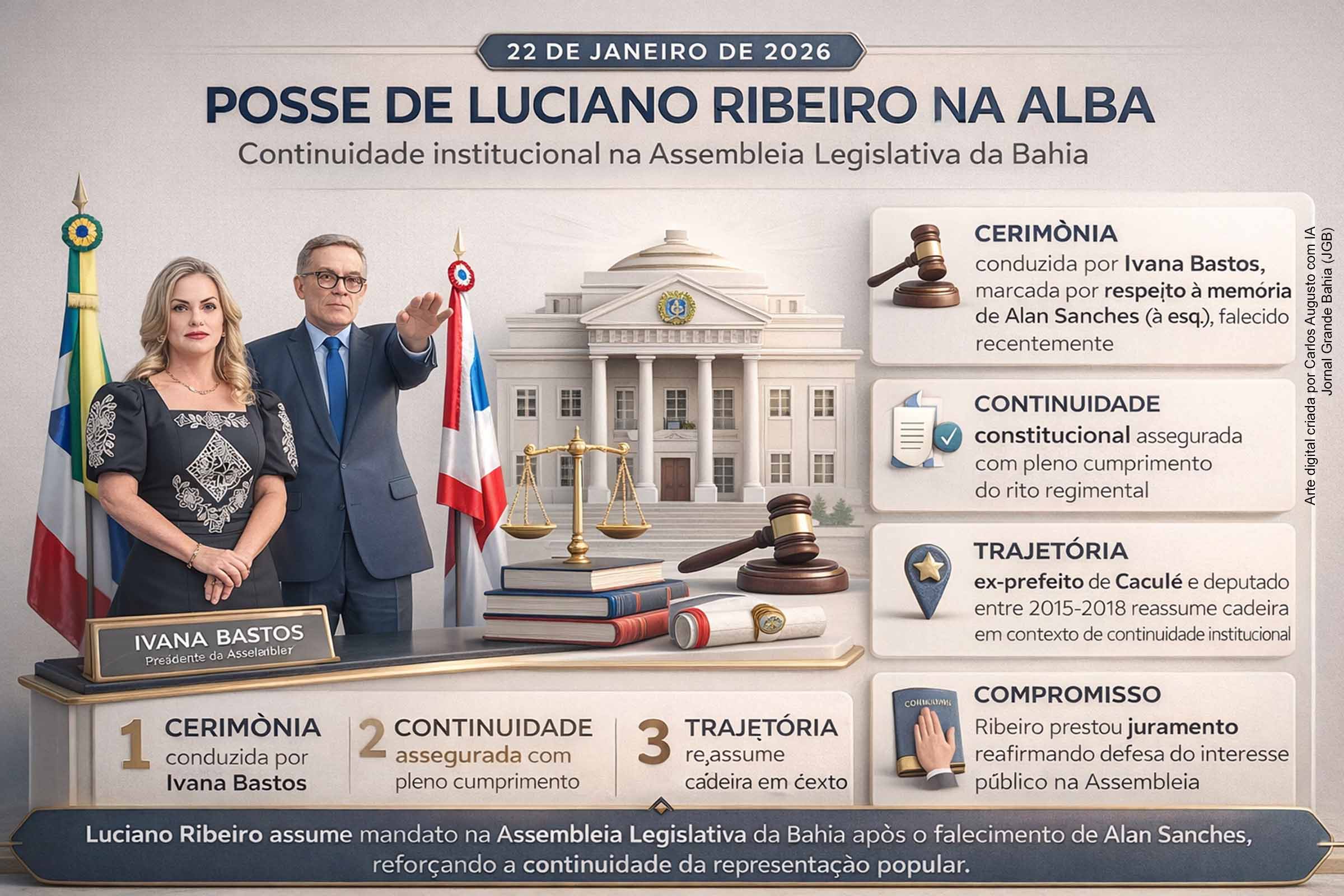 A presidente da Assembleia Legislativa da Bahia, Ivana Bastos, conduziu em 22/01/2026 a posse do deputado Luciano Ribeiro, que reassume mandato após o falecimento de Alan Sanches. A cerimônia, marcada por sobriedade e respeito institucional, reafirmou a continuidade da representação popular. Luciano Ribeiro prestou juramento constitucional e retorna ao Parlamento com experiência política e administrativa acumulada.