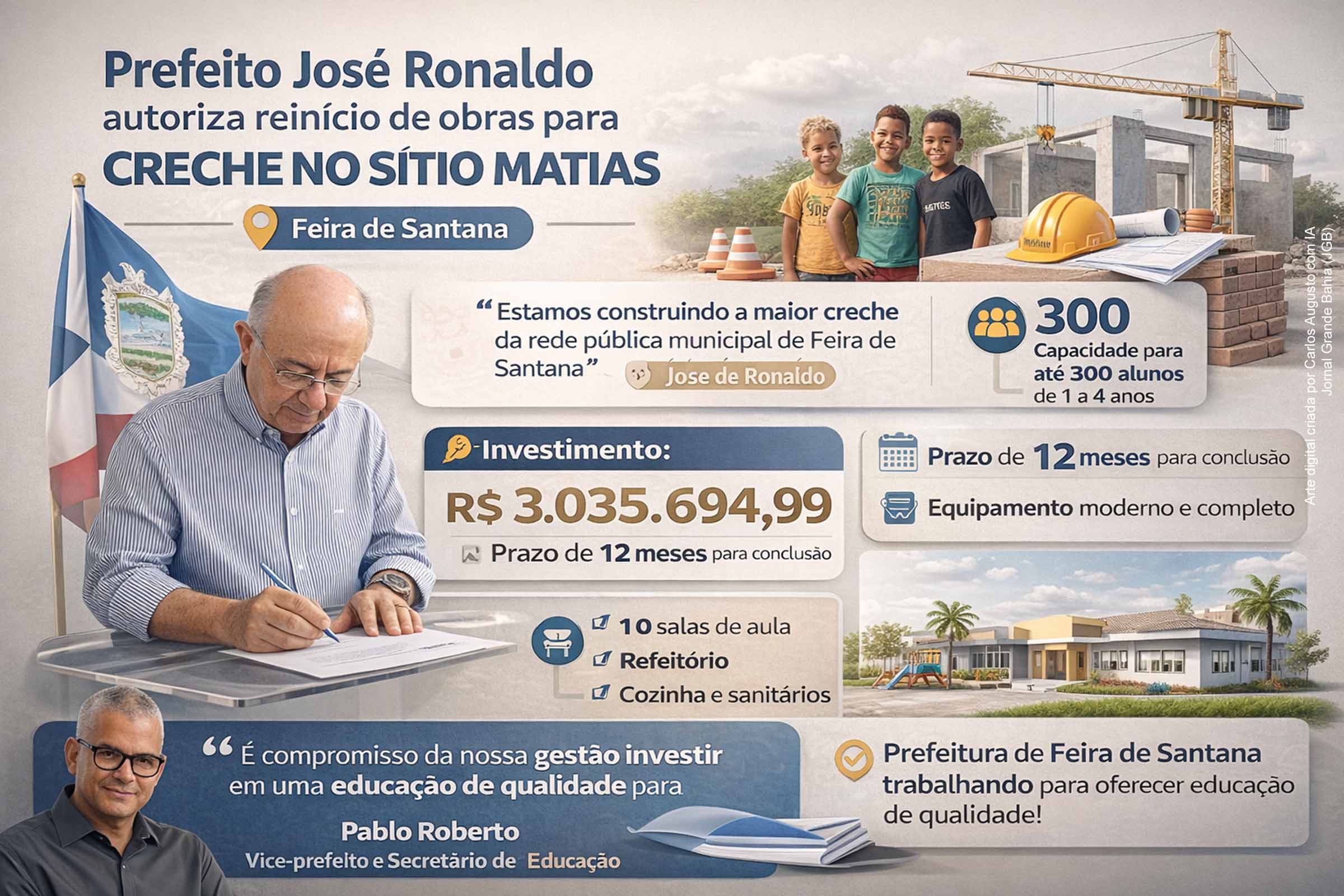 Feira de Santana: Prefeito José Ronaldo autoriza retomada de obras de creche no Bairro Sítio Matias com investimento de R$ 3 milhões