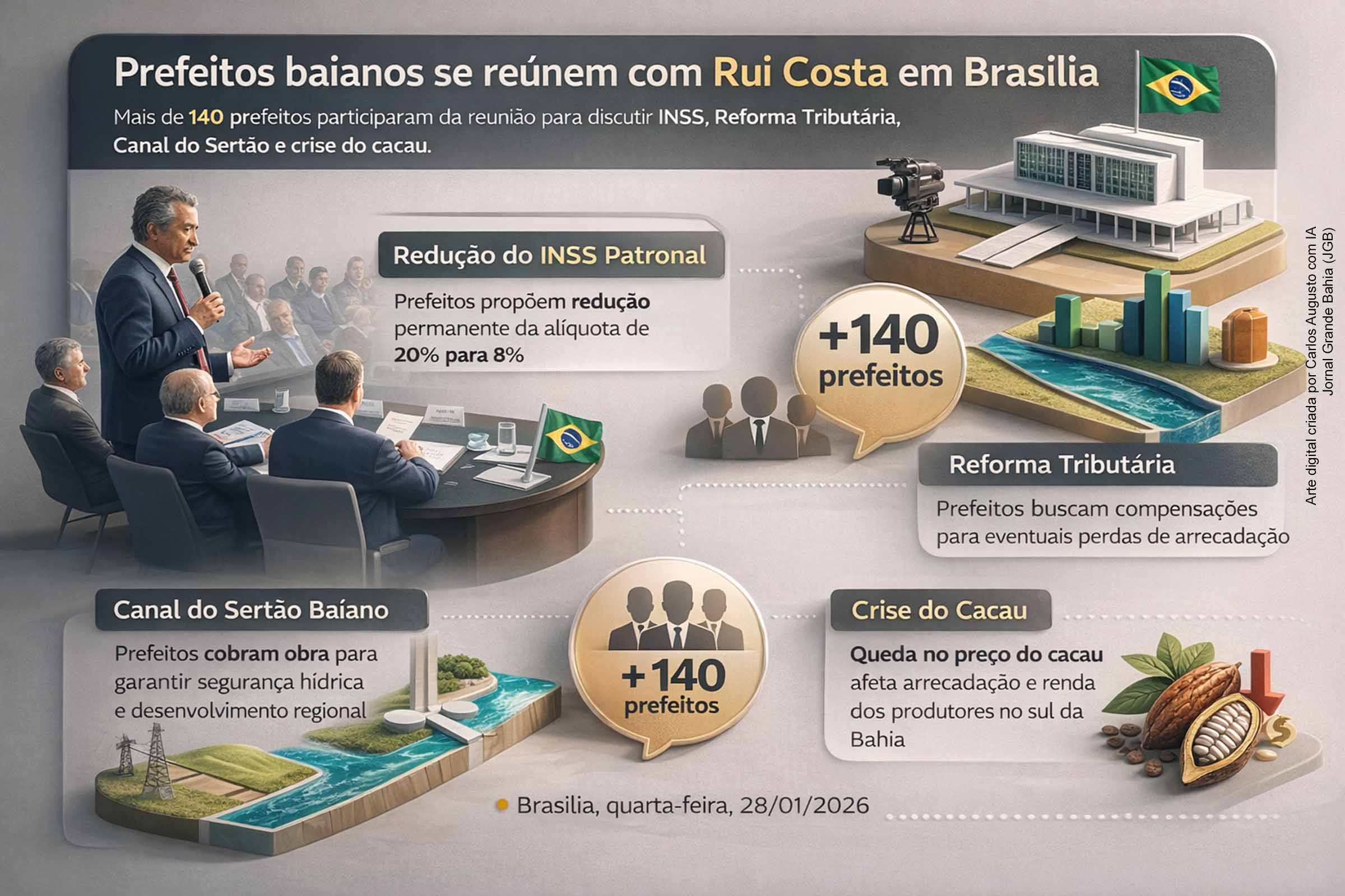 Prefeitos baianos se reúnem com ministro Rui Costa em Brasília para discutir INSS, Reforma Tributária, Canal do Sertão e crise do cacau