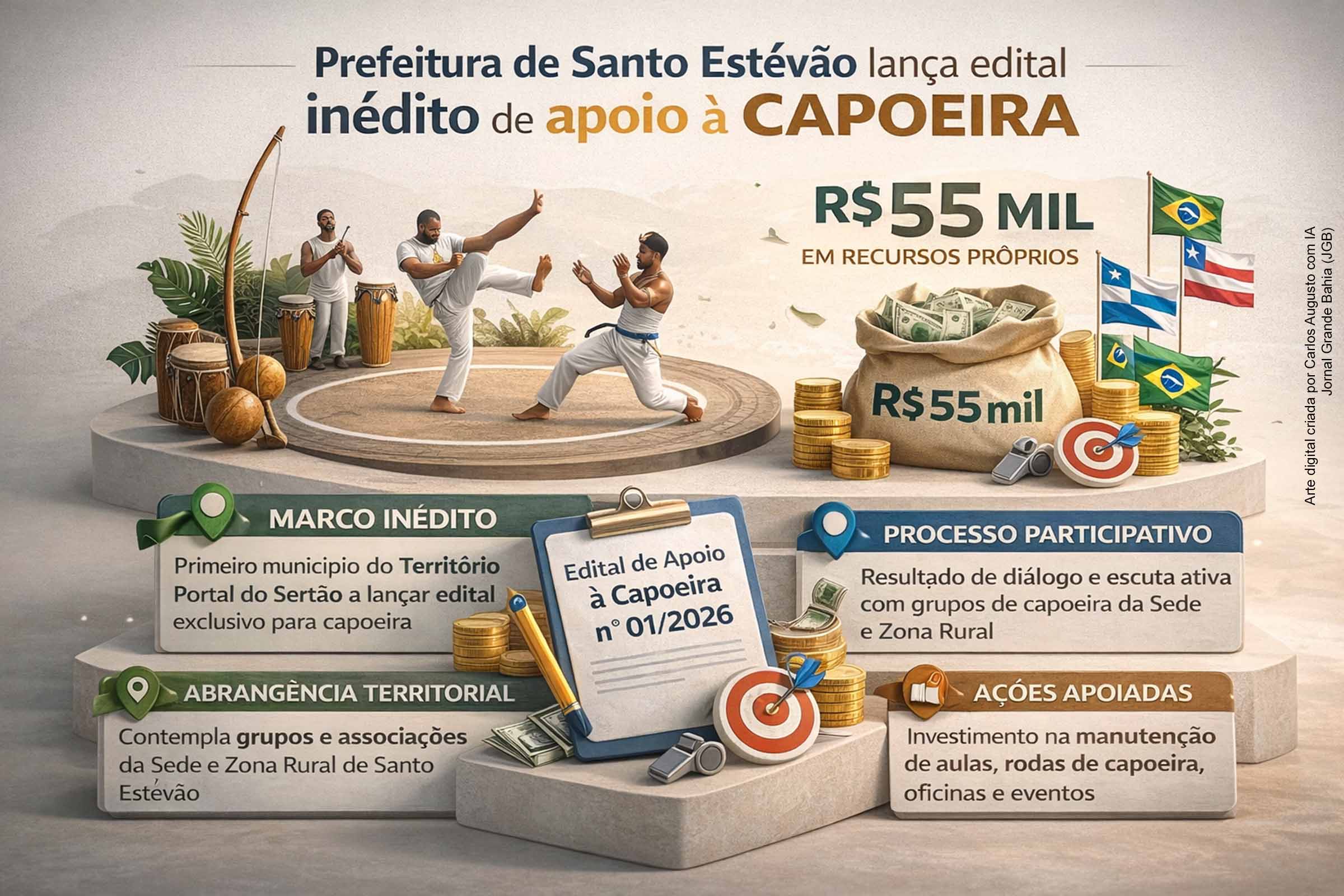 A Prefeitura de Santo Estêvão lançou o Edital nº 01/2026, destinando R$ 55 mil em recursos próprios para apoiar grupos e associações de capoeira. Inédito no Território Portal do Sertão, o instrumento resulta de diálogo com a categoria, contempla Sede e Zona Rural e busca garantir a continuidade de ações culturais. A iniciativa fortalece políticas culturais locais e valoriza a capoeira como patrimônio e prática educativa.