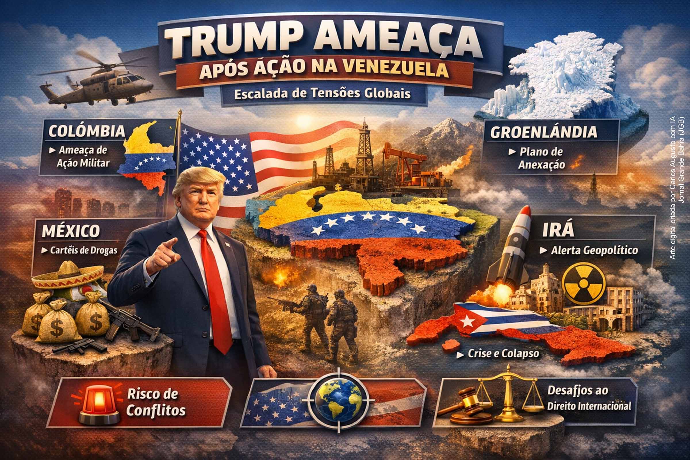 Após a operação militar que levou à captura de Nicolás Maduro, Donald Trump ampliou ameaças a Colômbia, México, Cuba, Irã e à Groenlândia, elevando a tensão global. As declarações, marcadas por acusações sem provas e questionamentos à soberania nacional, provocaram reações duras de governos afetados e reacenderam o debate sobre limites do uso da força, direito internacional e riscos de instabilidade sistêmica.