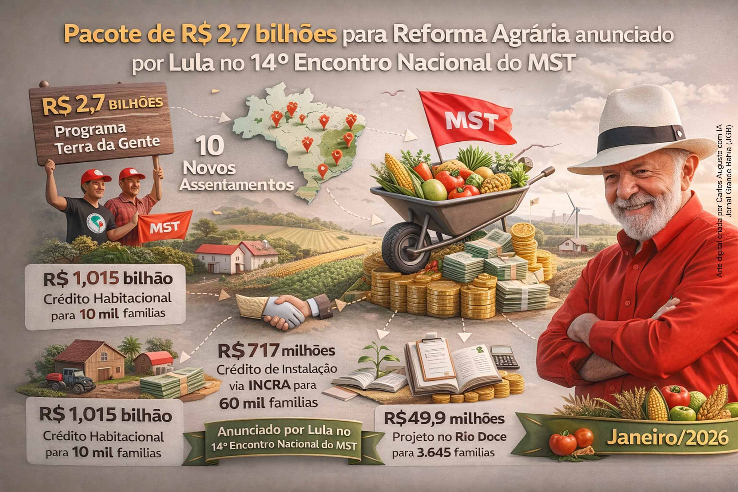 O presidente Lula anunciou, em Salvador, um pacote de R$ 2,7 bilhões para a Reforma Agrária durante o 14º Encontro Nacional do MST. As medidas incluem compra e desapropriação de terras, criação de dez novos assentamentos, crédito habitacional, reforço à educação no campo e investimentos produtivos. A agenda marca a retomada da política agrária federal e celebra os 42 anos do movimento.