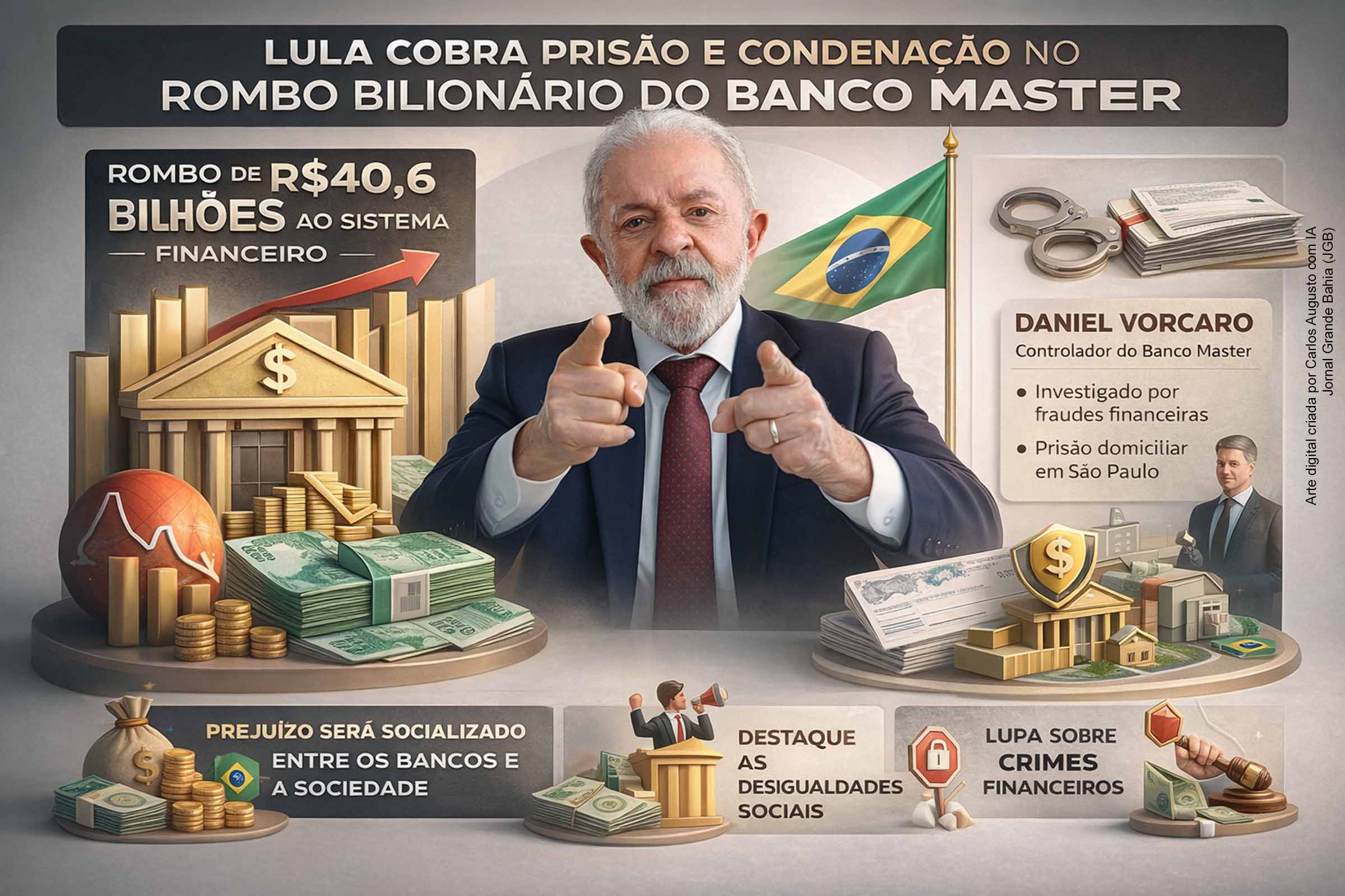 O presidente Lula cobrou prisão e condenação dos responsáveis pelo esquema do Banco Master, cujo colapso gerou um rombo de R$ 40,6 bilhões e acionou o maior resgate da história do FGC. O caso foi associado por Lula às desigualdades sociais e à necessidade de rigor contra crimes financeiros, em meio a articulações políticas locais e nacionais envolvendo Alagoas e as eleições de 2026.