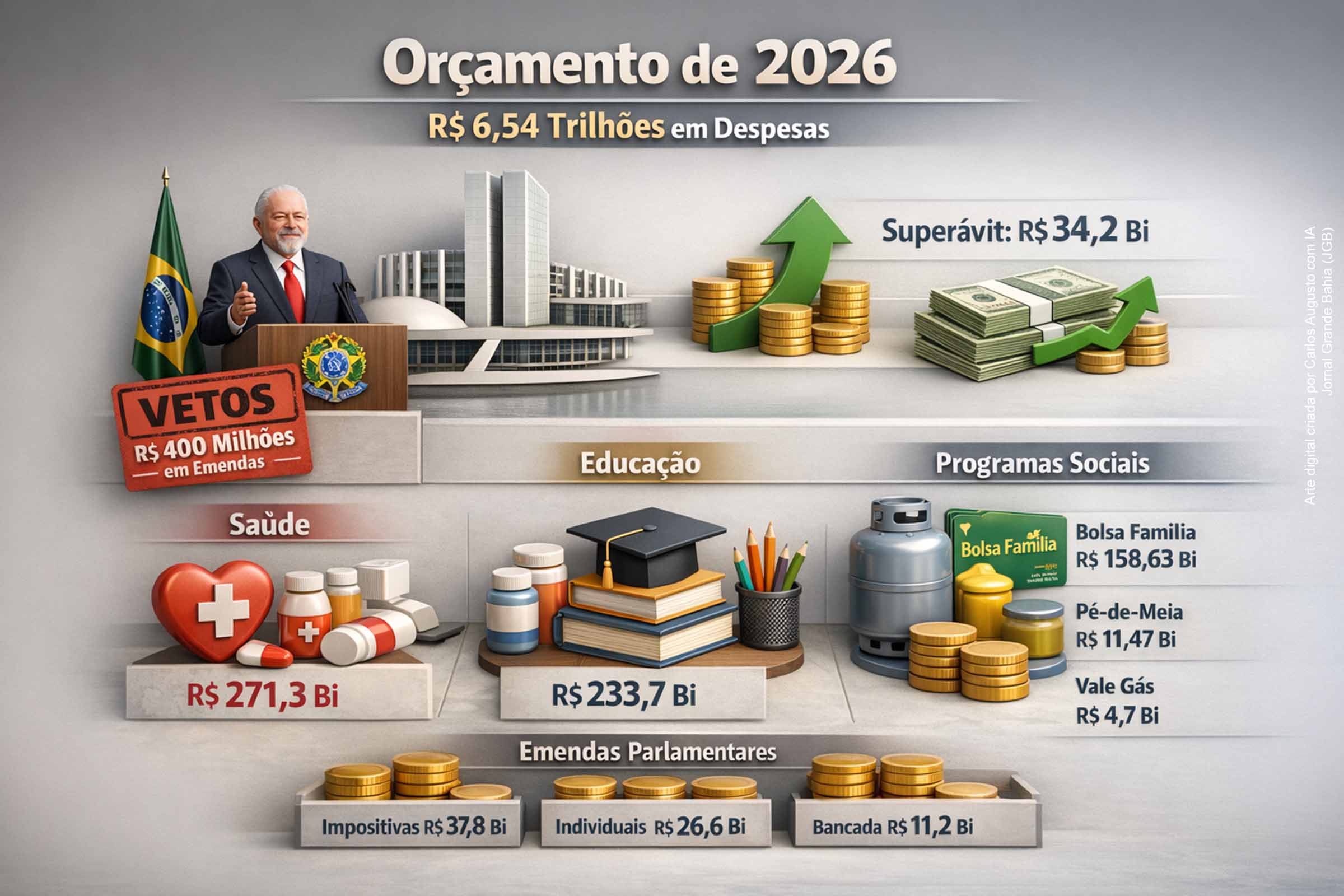 O Orçamento de 2026 foi sancionado com R$ 6,54 trilhões em despesas, superávit de R$ 34,2 bilhões, salário mínimo de R$ 1.621 e reforço a saúde, educação e programas sociais. O presidente vetou quase R$ 400 milhões em emendas por inconformidades legais. O Congresso ainda decidirá sobre os vetos, enquanto o governo avalia remanejamentos adicionais.