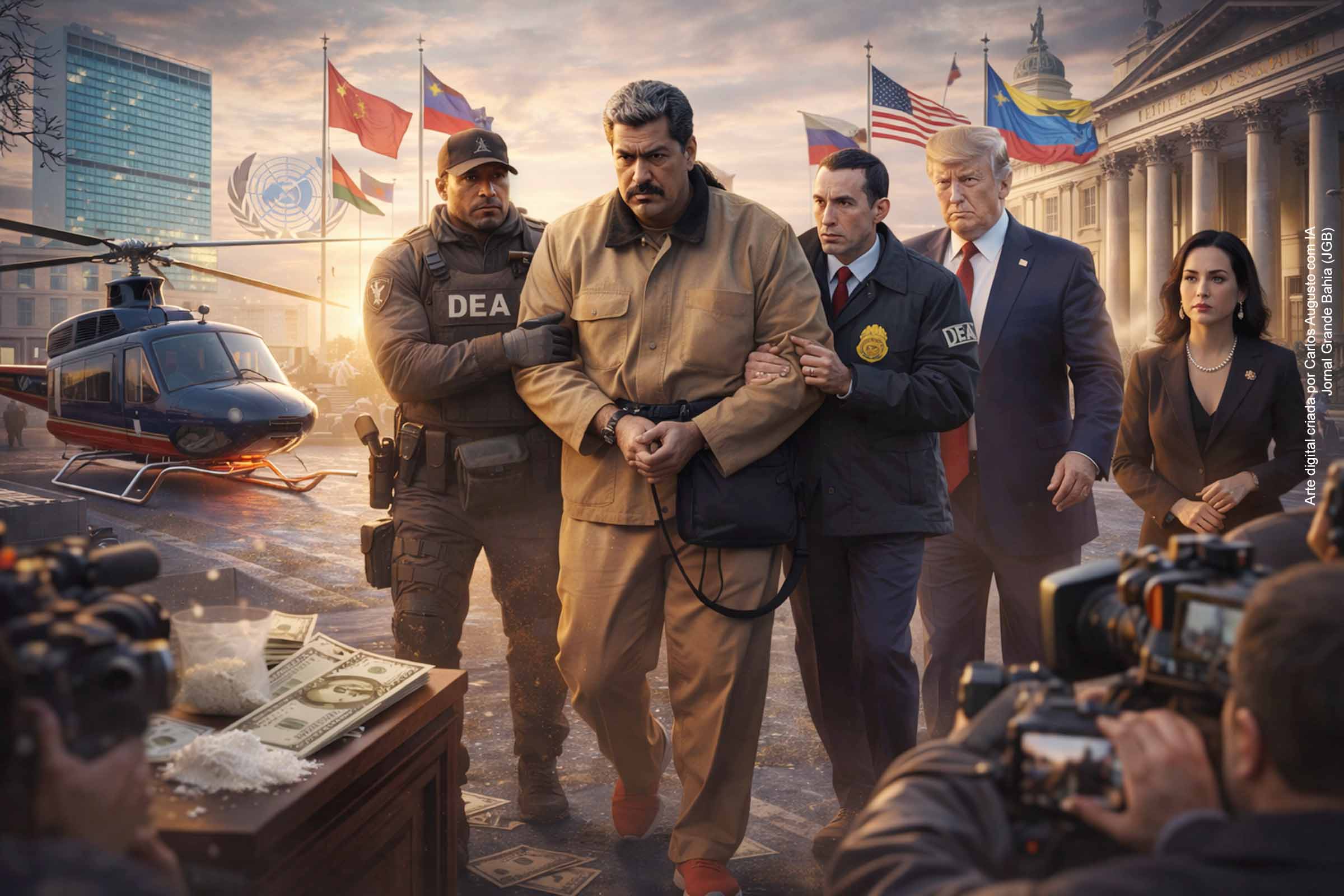 Ilustração do ex-presidente Nicolás Maduro sendo escoltado por agentes federais dos Estados Unidos em Nova York, em 5 de janeiro de 2026, no primeiro dia de seu julgamento por narcoterrorismo, em meio a forte tensão diplomática internacional.