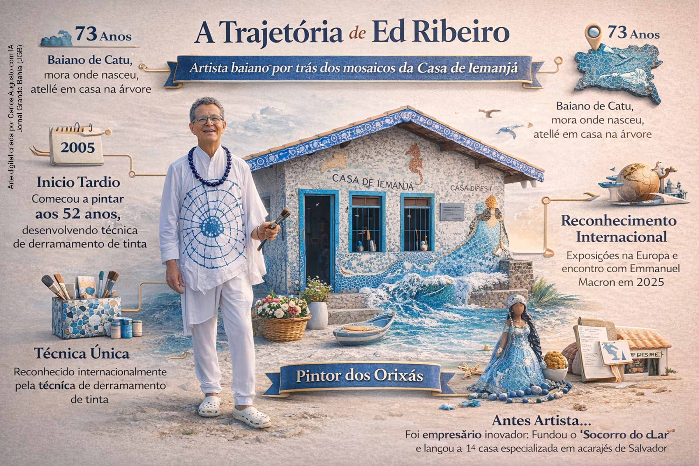 Ed Ribeiro, conhecido como o “pintor dos orixás”, iniciou sua trajetória artística após os 50 anos e tornou-se referência internacional com uma técnica autoral de derramamento de tinta. Autor dos mosaicos da Casa de Iemanjá, no Rio Vermelho, o artista baiano une arte, espiritualidade e tradição afro-brasileira. Sua história singular se confunde com a própria celebração de Iemanjá, marco cultural de Salvador.