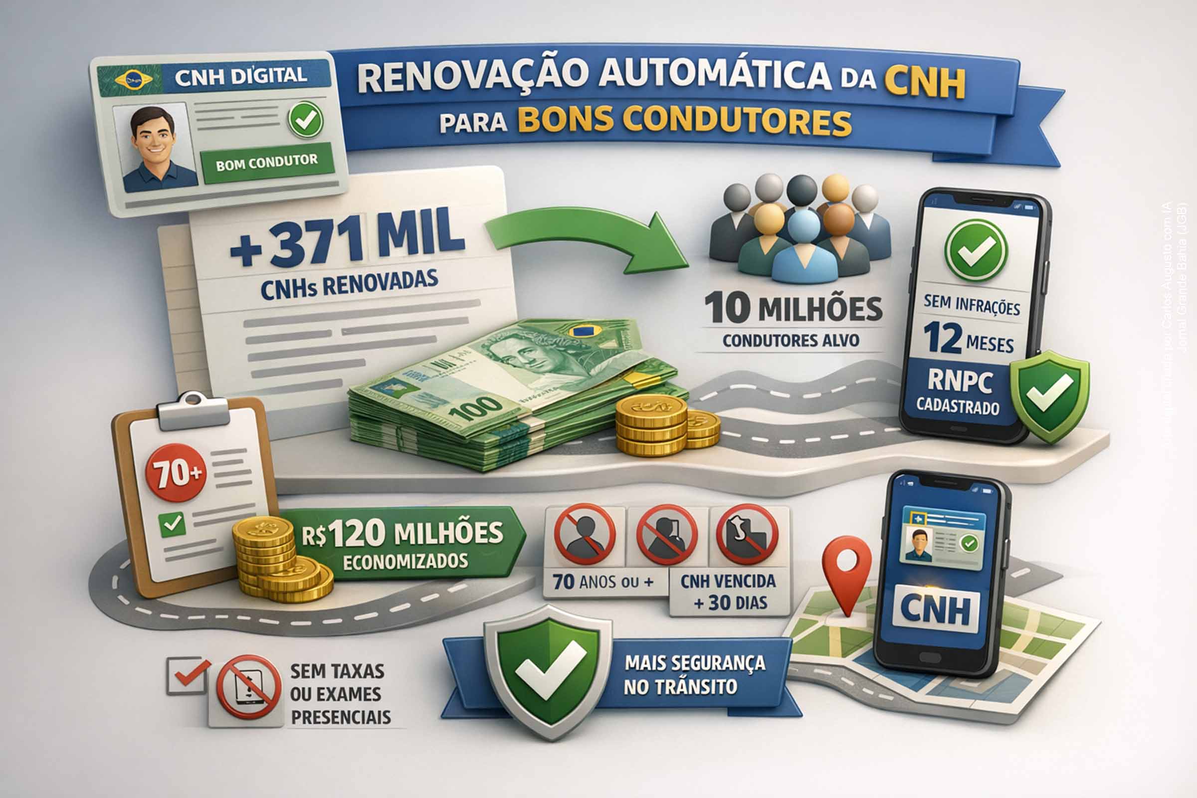 A renovação automática da CNH para bons condutores entrou em vigor nesta sexta-feira (09/01/2026), beneficiando mais de 371 mil motoristas sem infrações. Gratuita e digital, a medida já gerou economia estimada em R$ 120 milhões e pode alcançar mais de 10 milhões de condutores. A política reconhece o bom comportamento no trânsito, reduz burocracia e reforça a estratégia de modernização dos serviços públicos.