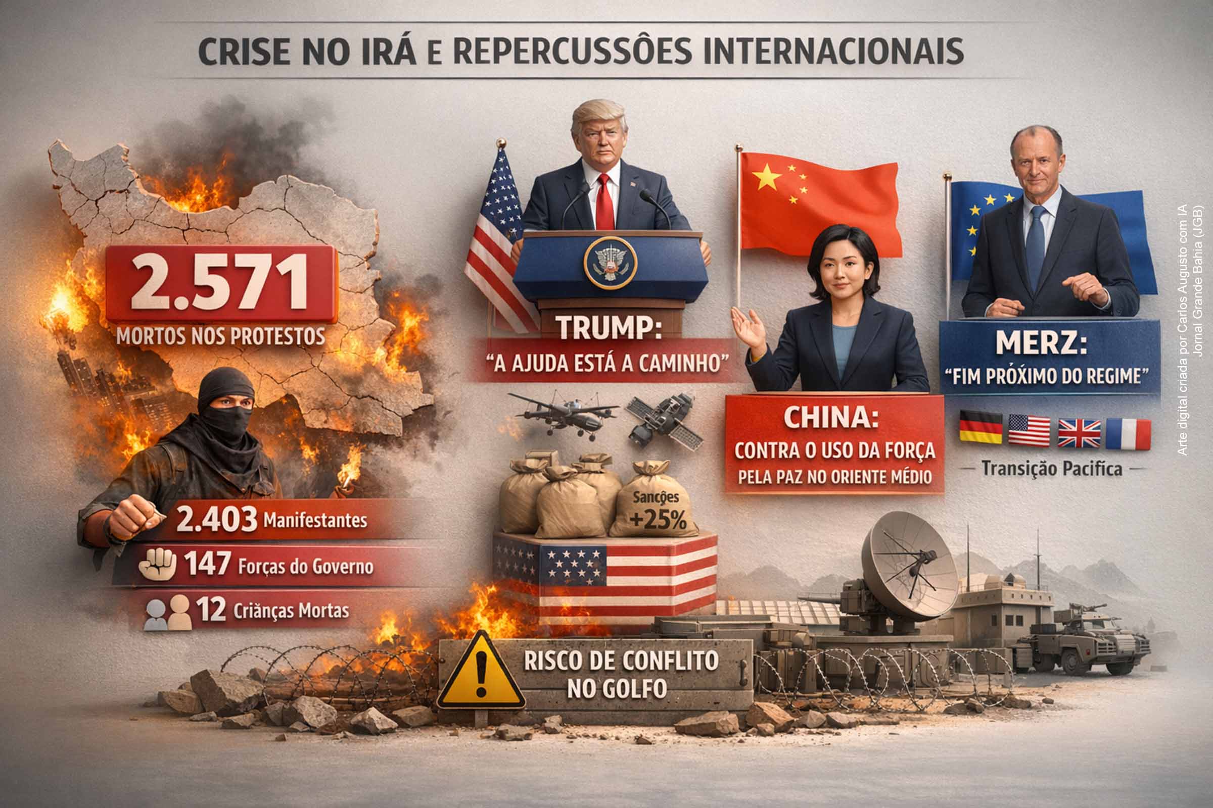 Repressão a protestos no Irã supera 2.500 mortos, segundo HRANA; Trump fala em “ajuda a caminho”, China rejeita uso da força e Merz prevê fim próximo do regime