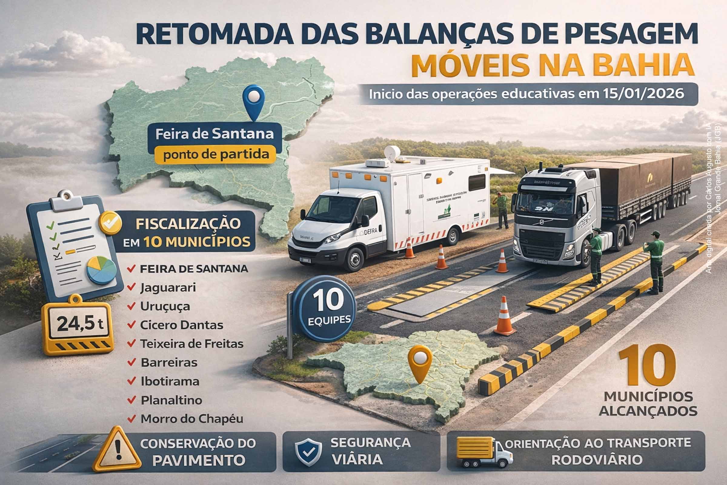 Feira de Santana lidera retomada das balanças de pesagem móveis; fiscalização de veículos alcança 10 municípios da Bahia, diz Seinfra