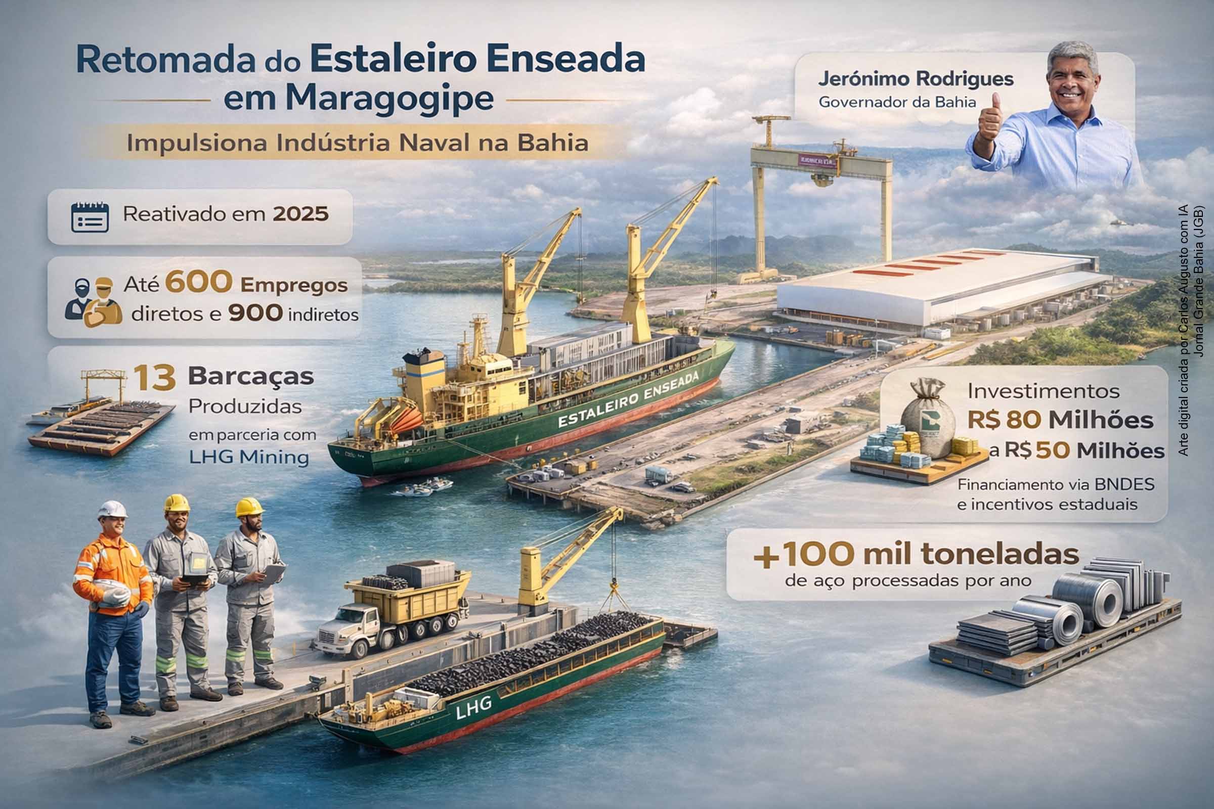 A retomada do Estaleiro Enseada, em Maragogipe, marca um novo ciclo para a indústria naval baiana, com geração de empregos, investimentos expressivos e impacto direto no Recôncavo. O carregamento do primeiro lote de barcaças simboliza a reativação produtiva e reforça o papel do Estado, do setor privado e do financiamento público na reindustrialização regional.