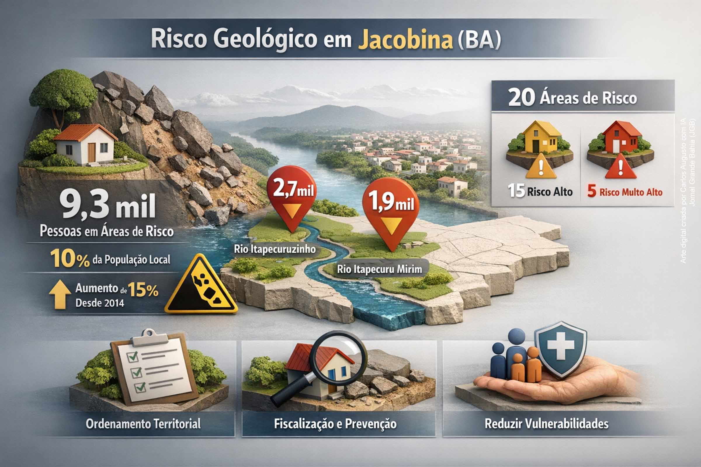 Mapeamento do Serviço Geológico do Brasil aponta que 9,3 mil pessoas vivem em áreas de risco geológico em Jacobina, cerca de 10% da população local. Apesar da redução no número de áreas mapeadas desde 2014, houve aumento de 15% na população exposta. O estudo destaca a necessidade de ordenamento territorial, fiscalização e políticas preventivas para reduzir vulnerabilidades e orientar investimentos públicos.