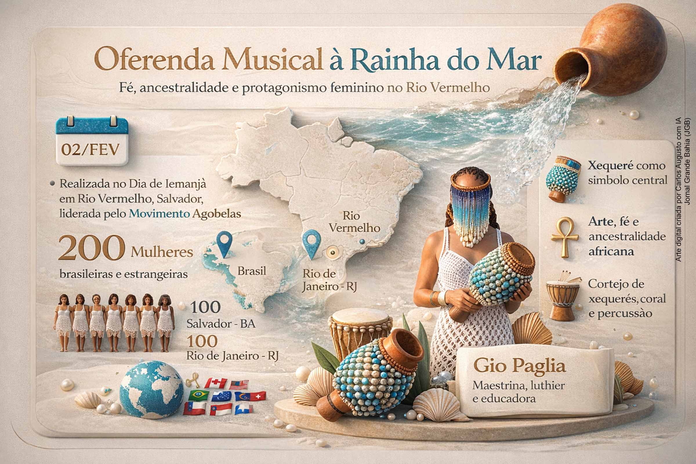 Realizada em 02 de fevereiro, no Rio Vermelho, a Oferenda Musical à Rainha do Mar, promovida pelo Movimento Agbelas, reuniu cerca de 200 mulheres em um ritual que integra fé, ancestralidade africana e protagonismo feminino. Conduzido por Gio Paglia, o cortejo reafirma tradições do culto a Iemanjá, valoriza o xequerê como instrumento simbólico e amplia sua atuação ao chegar, pela primeira vez, ao Rio de Janeiro.