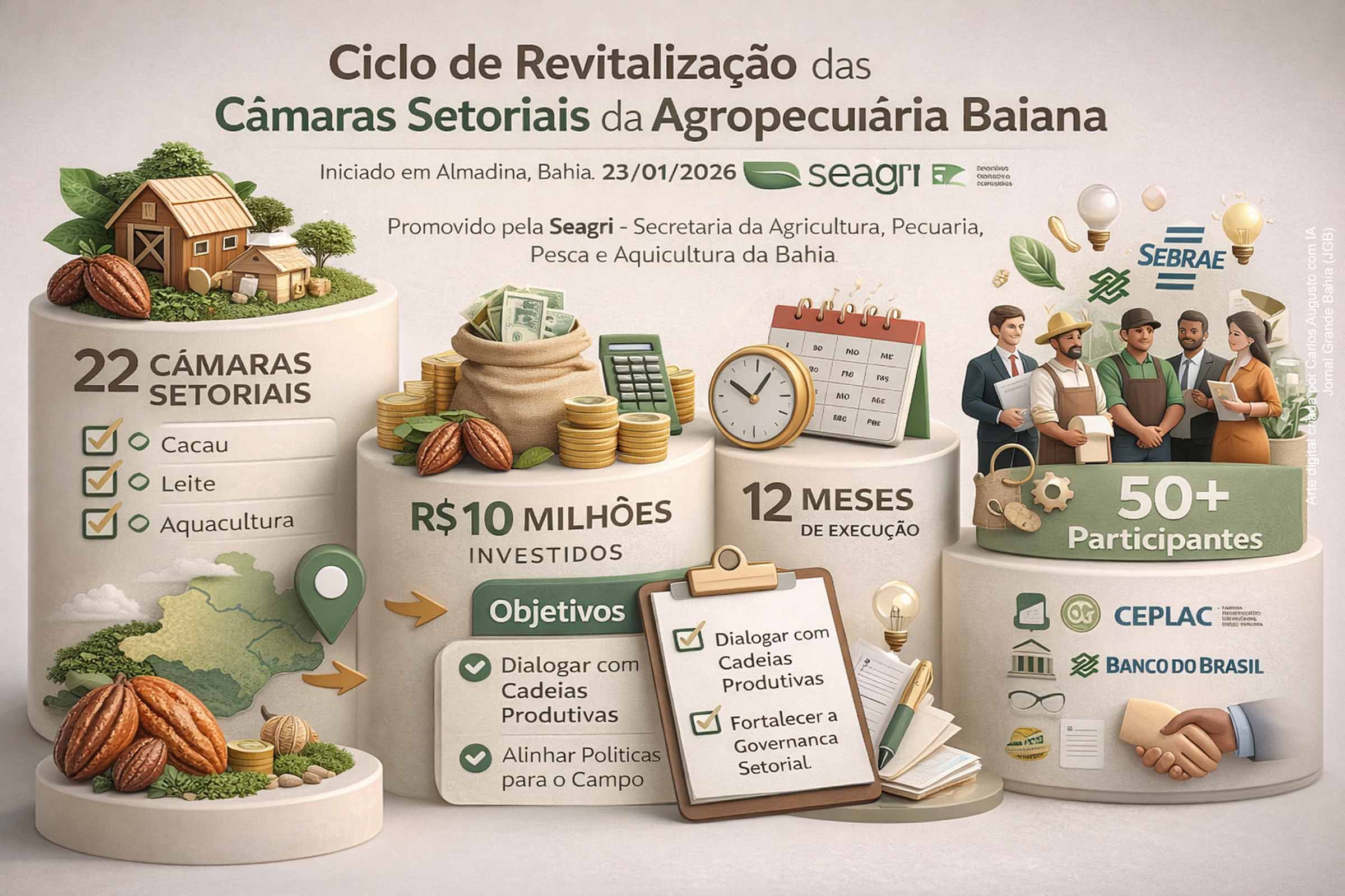 A Seagri iniciou em Almadina, em 23/01/2026, um ciclo de encontros com as cadeias produtivas ao lançar o projeto de revitalização das Câmaras Setoriais. A reunião do setor cacaueiro reuniu mais de 50 participantes e integrou ações previstas para 2026 no âmbito de cooperação com a Flem. O acordo prevê até 22 Câmaras, investimento de R$ 10 milhões e foco em governança, diálogo e políticas alinhadas às necessidades do campo.