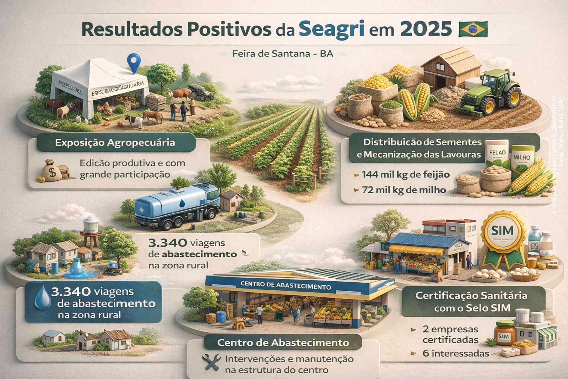 O balanço de 2025 da Seagri aponta resultados considerados acima das expectativas, com destaque para a Exposição Agropecuária, a distribuição antecipada de sementes, o abastecimento de água na zona rural, intervenções em feiras e no Centro de Abastecimento e a ampliação da certificação sanitária pelo Selo SIM. As ações reforçam o apoio à agricultura familiar e à organização do abastecimento local.