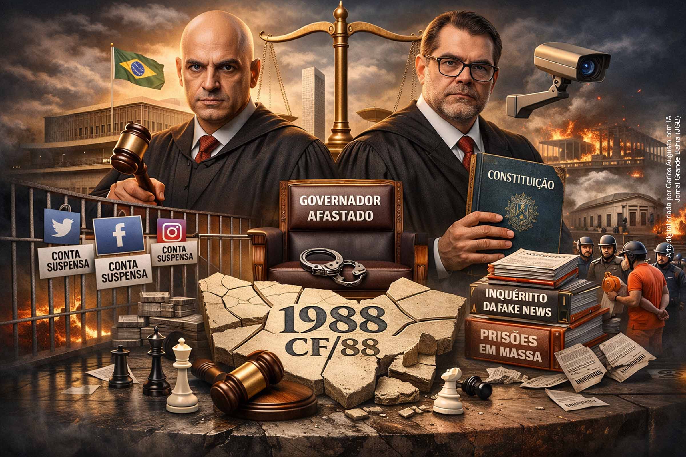 O conceito de lawfare ganha centralidade no debate institucional brasileiro diante das acusações de que ministros do Supremo Tribunal Federal, especialmente Alexandre de Moraes e Dias Toffoli, estariam instrumentalizando a Constituição e o sistema jurídico para fins políticos. O texto analisa decisões controversas, como prisões preventivas em massa, inquéritos abertos de ofício, censura digital e o afastamento do governador do Distrito Federal, apontando possíveis violações à Constituição de 1988 e à separação de Poderes.