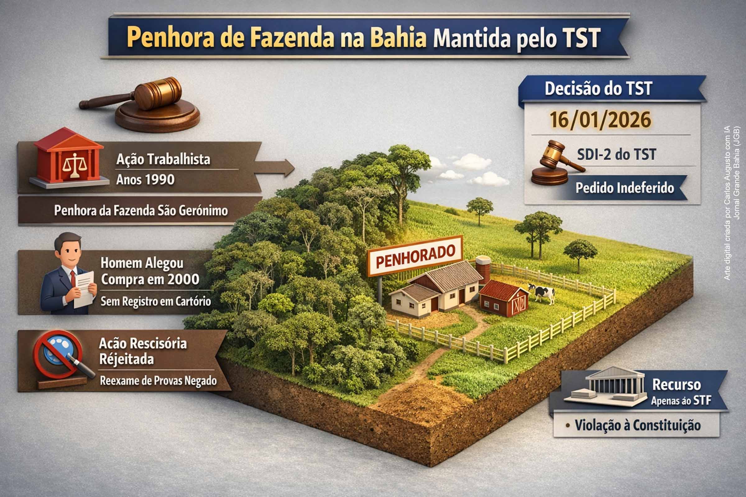 TST mantém penhora de fazenda na Bahia e rejeita ação de suposto comprador por vedação ao reexame de provas