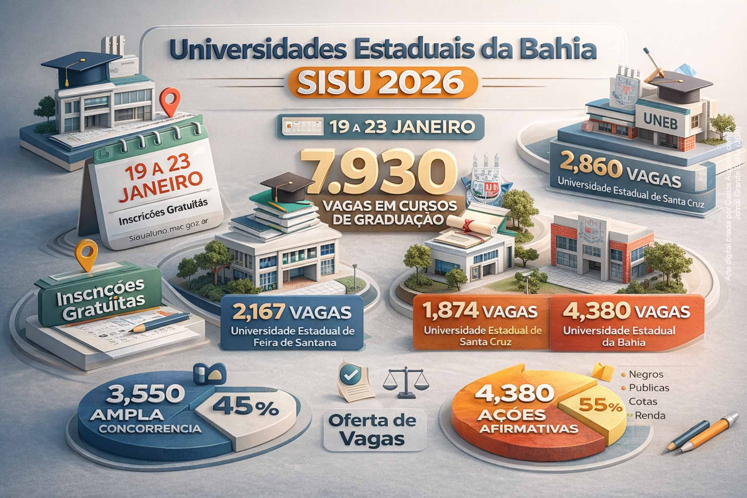 As universidades estaduais da Bahia ofertam 7.930 vagas no SISU 2026, distribuídas entre UEFS, UESC, UESB e UNEB. As inscrições ocorrem de 19 a 23 de janeiro, com base nas notas do ENEM 2023, 2024 ou 2025. A maior parte das vagas é destinada às ações afirmativas, reforçando a política de democratização do acesso e a interiorização do ensino superior público no estado.