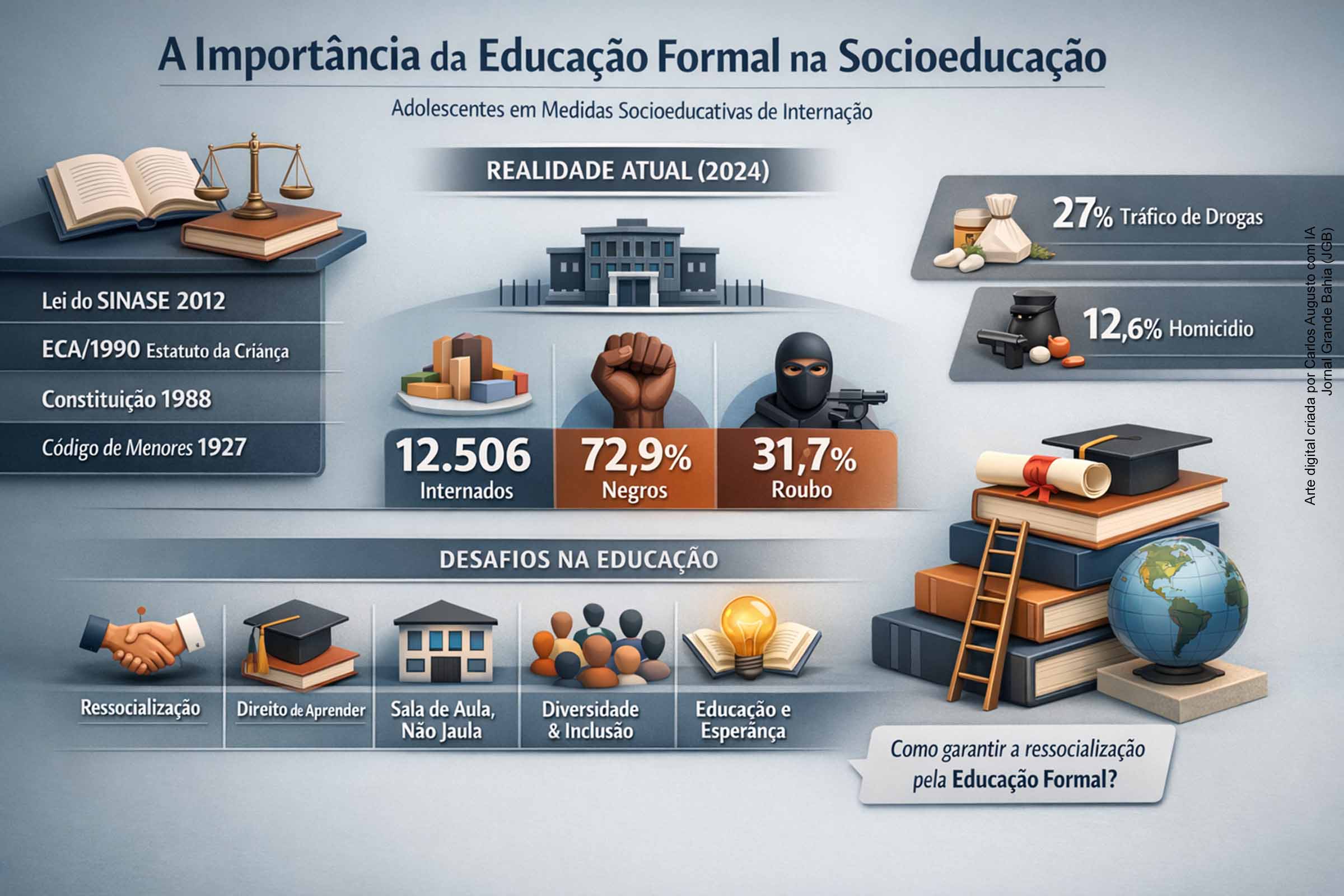 O texto apresenta a evolução histórica das políticas de atendimento a adolescentes em conflito com a lei, destacando a mudança de um modelo repressivo para o paradigma da proteção integral consolidado no ECA e no SINASE. Dados recentes mostram 12,5 mil jovens internados, com predominância de negros e casos de roubo e tráfico. Especialistas defendem a educação formal como eixo da socioeducação, capaz de promover integração social, reduzir reincidência e reconstruir trajetórias marcadas pela exclusão.