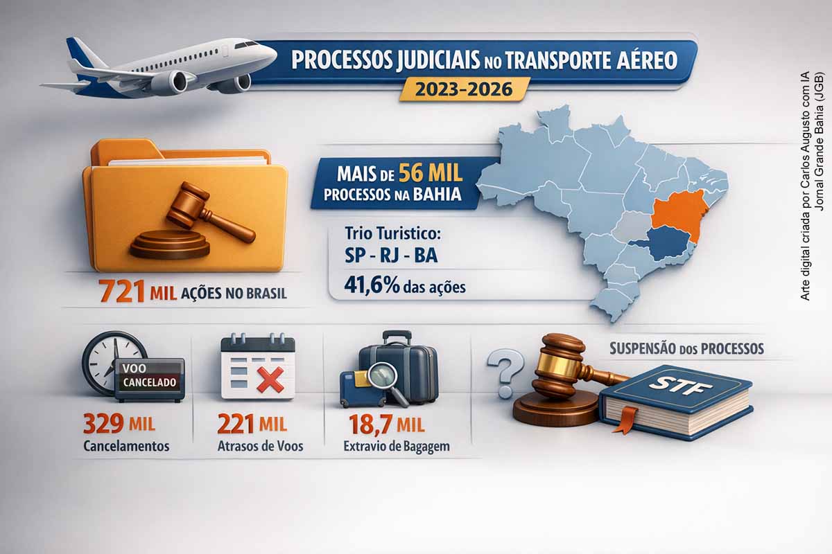 A Bahia registrou mais de 56 mil processos ligados ao transporte aéreo entre 2023 e 2026, segundo dados do Escavador divulgados em 20/02/2026. No Brasil, o total alcança 721 mil ações no período, com crescimento de 9,4%. Atrasos e cancelamentos somam mais de 500 mil processos. Decisão do STF suspendeu julgamentos sobre o tema, ampliando a insegurança jurídica no setor.