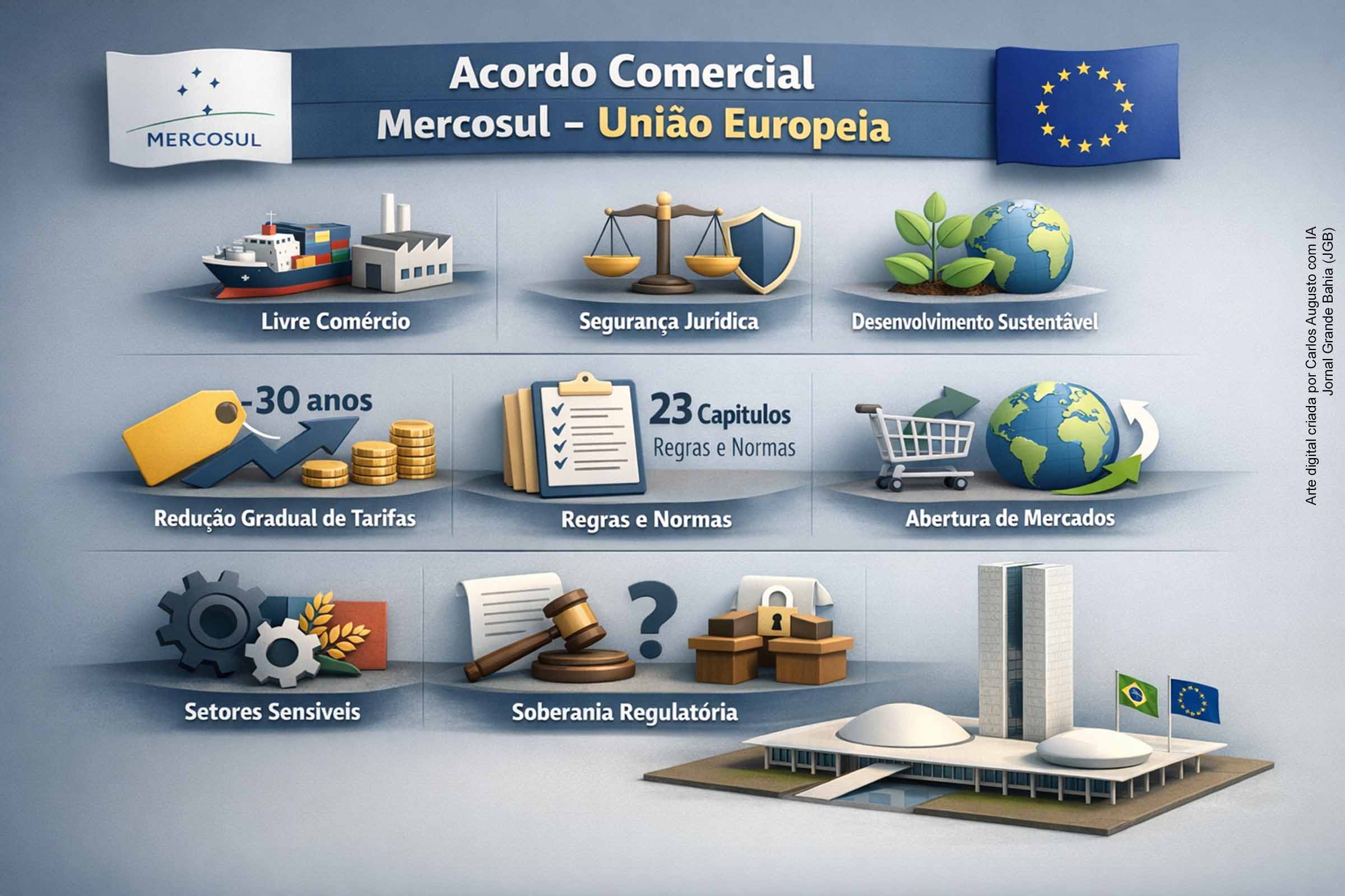 Acordo Mercosul–União Europeia entra em fase decisiva no Congresso após o Carnaval 2026; tratado prevê livre comércio, regras sanitárias e abertura gradual de mercados