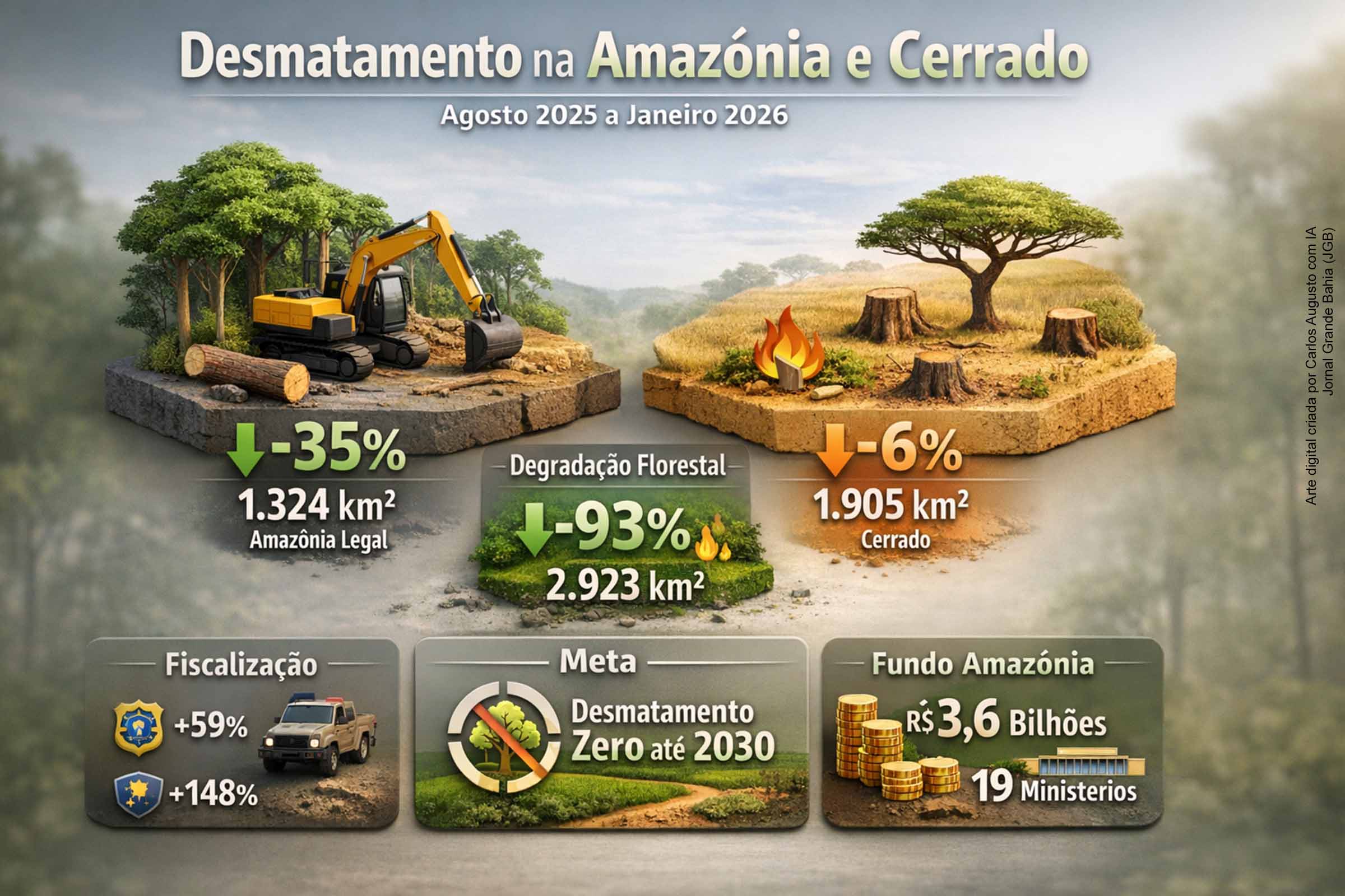 Dados do Inpe indicam queda de 35% nos alertas de desmatamento na Amazônia e de 6% no Cerrado entre agosto de 2025 e janeiro de 2026. A degradação florestal caiu 93% no período. O governo atribui os resultados ao reforço da fiscalização, coordenação entre 19 ministérios e reativação do Fundo Amazônia. A meta oficial é zerar o desmatamento até 2030, embora persistam desafios regionais e estruturais.