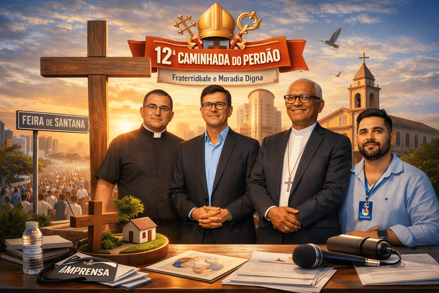 A Arquidiocese de Feira de Santana apresentou os preparativos finais da 12ª Caminhada do Perdão, prevista para domingo (01/03), com expectativa de reunir mais de 50 mil pessoas. Durante coletiva com mais de 20 veículos de imprensa, foram divulgadas novidades como novo percurso e participação da comissão Laudato Si’. O evento, reconhecido como Patrimônio Imaterial do município, terá como tema “Fraternidade e Moradia Digna” e busca promover reflexão religiosa e social.
