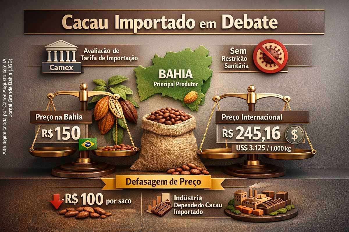 O governo federal avalia impor tarifa de importação sobre o cacau após pressão de produtores nacionais. A discussão será analisada pela Camex, uma vez que o Ministério da Agricultura concluiu não haver risco sanitário no produto importado. Na Bahia, a arroba do cacau (15 kg) é negociada em torno de R$ 150, enquanto a cotação internacional equivalente alcança R$ 245,16 por saco, indicando uma defasagem próxima de R$ 100 em relação ao mercado global.