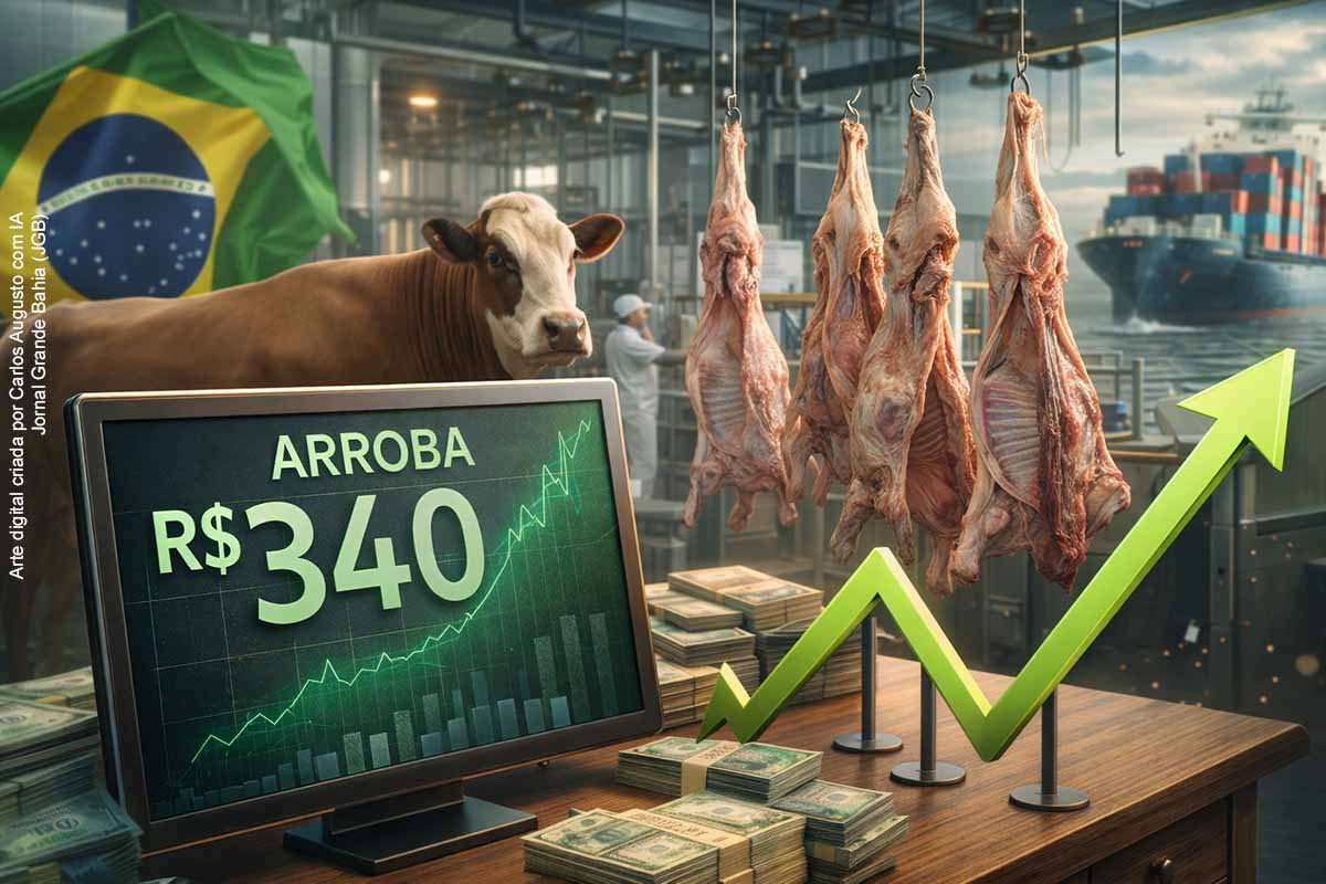A arroba do boi gordo encerrou fevereiro de 2026 cotada a R$ 340 em Feira de Santana, segundo levantamento da Cooperfeira. A valorização decorre principalmente da redução na oferta de animais prontos para abate, após produtores reterem o gado nas propriedades com a recuperação das pastagens. No frigorífico Frifeira, o volume diário caiu de até 500 para cerca de 300 cabeças. Desde o início do ano, a arroba acumulou alta de até R$ 30, sustentada também pelo desempenho das exportações de carne bovina.