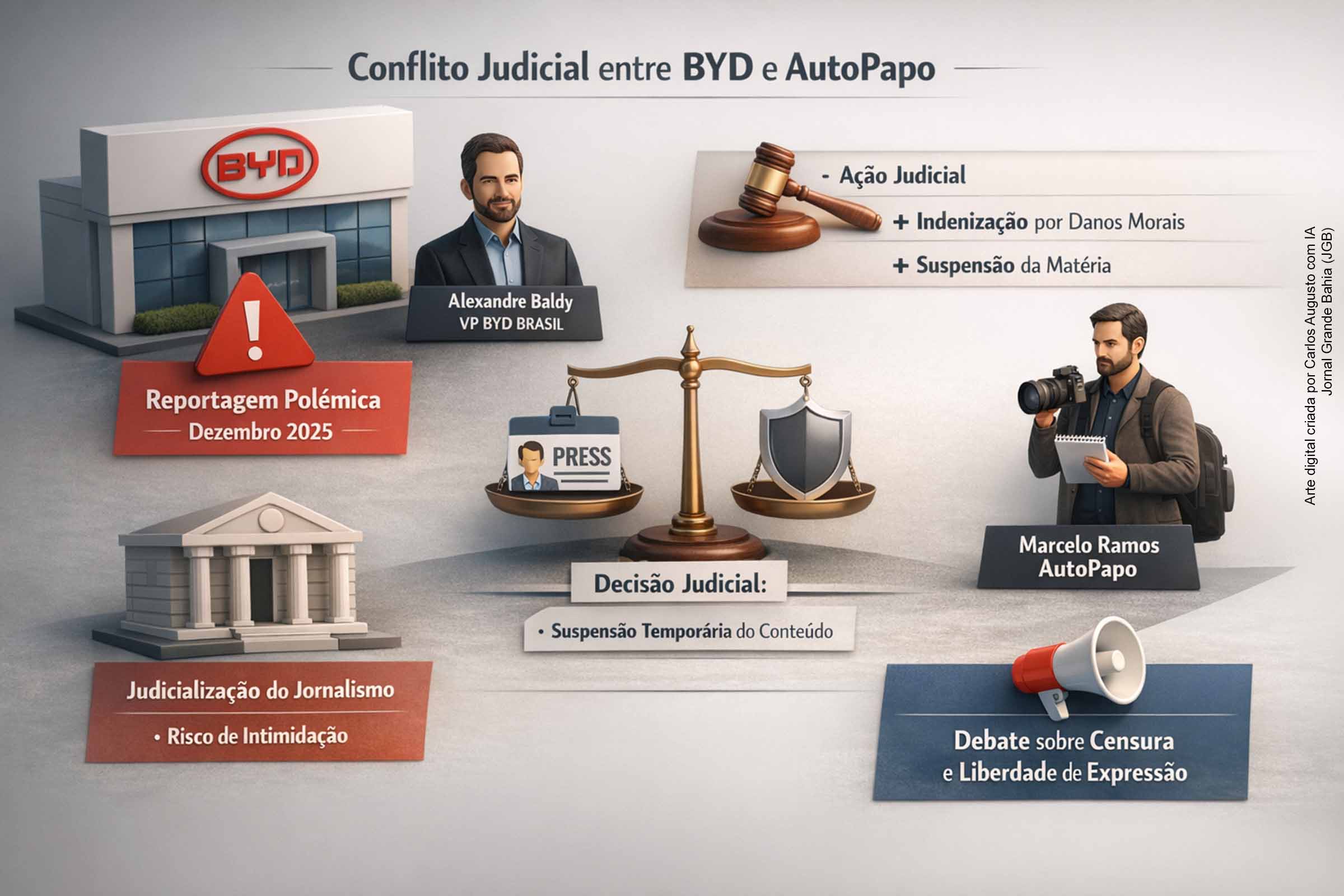 A BYD do Brasil e o vice-presidente Alexandre Baldy processaram o portal AutoPapo e o repórter Marcelo Ramos por reportagem publicada em dezembro de 2025. A ação pede indenização e suspensão do conteúdo. A Justiça determinou a retirada temporária da matéria, apontando conflito entre liberdade de imprensa e direito à honra. O caso reacende o debate sobre judicialização e possíveis efeitos intimidatórios sobre o jornalismo.