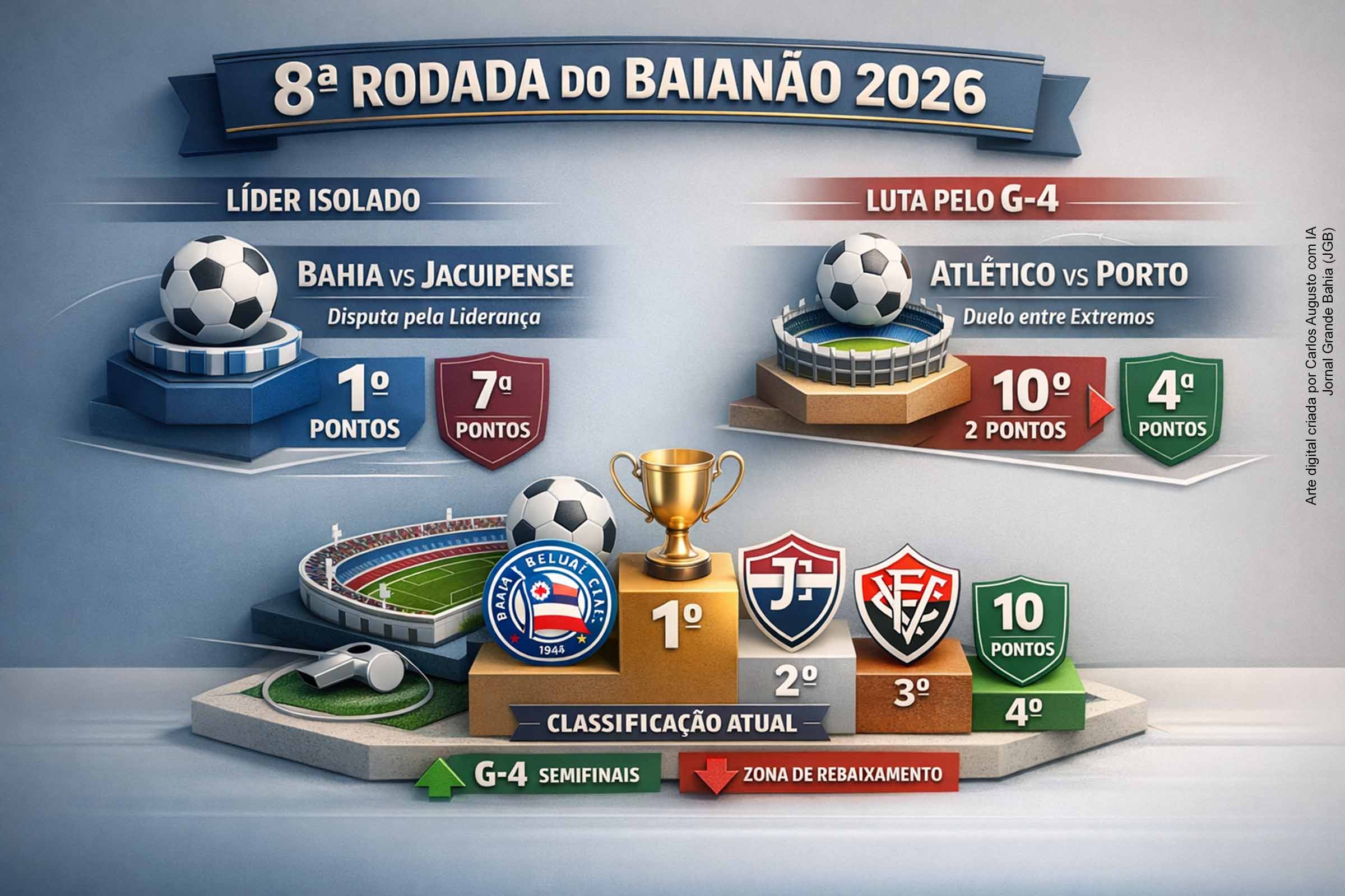 A oitava rodada do Campeonato Baiano de 2026 coloca em campo confrontos decisivos para a definição da tabela. O líder Bahia enfrenta o Jacuipense tentando manter a vantagem na ponta, enquanto o Porto encara o Atlético de Alagoinhas buscando consolidar posição no G-4. A competição entra na reta final da primeira fase com disputa acirrada por vagas nas semifinais e pressão crescente na zona de rebaixamento.