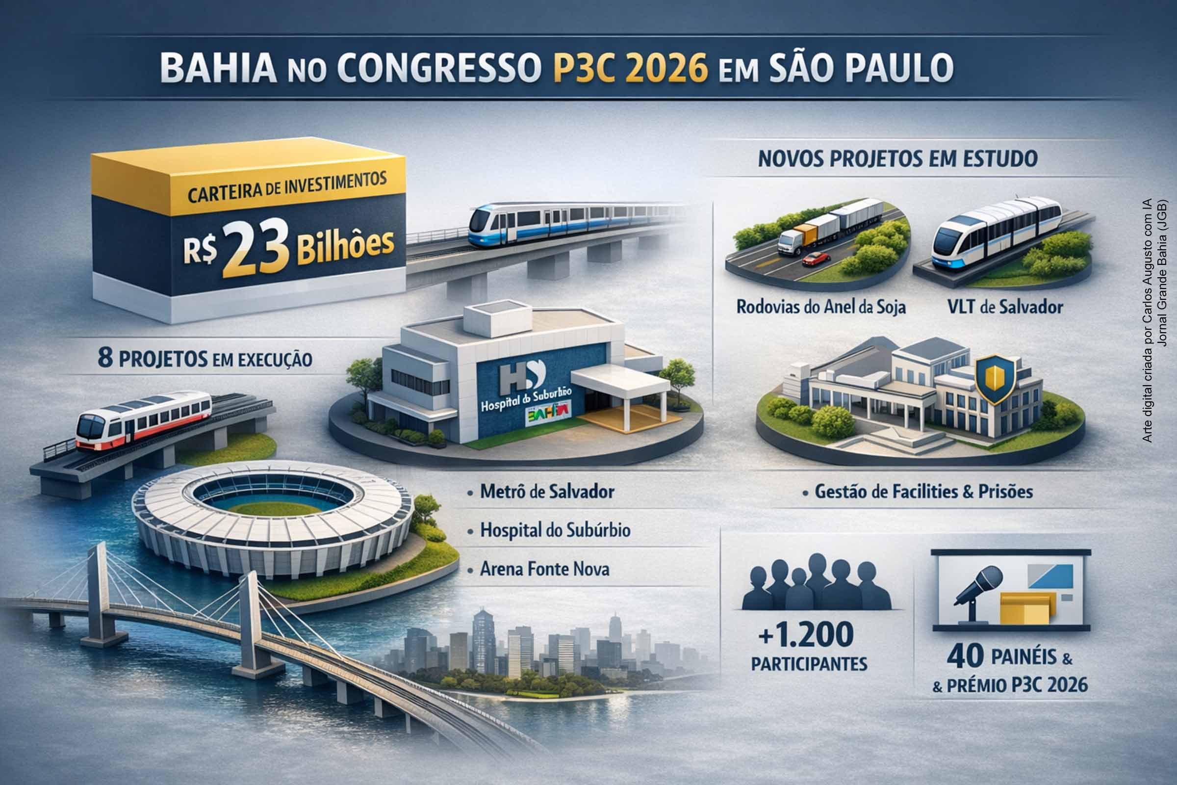 Com uma carteira estimada em R$ 23 bilhões, a segunda maior do Brasil, o Programa de Parcerias Público-Privadas da Bahia será apresentado nos dias 23 e 24 de fevereiro, em São Paulo, durante o congresso P3C 2026, principal evento nacional do setor. O portfólio reúne oito projetos em execução, como o metrô de Salvador, o Hospital do Subúrbio e a Ponte Salvador–Itaparica, além de novas iniciativas em estudo nas áreas de mobilidade, rodovias, gestão pública e sistema prisional.