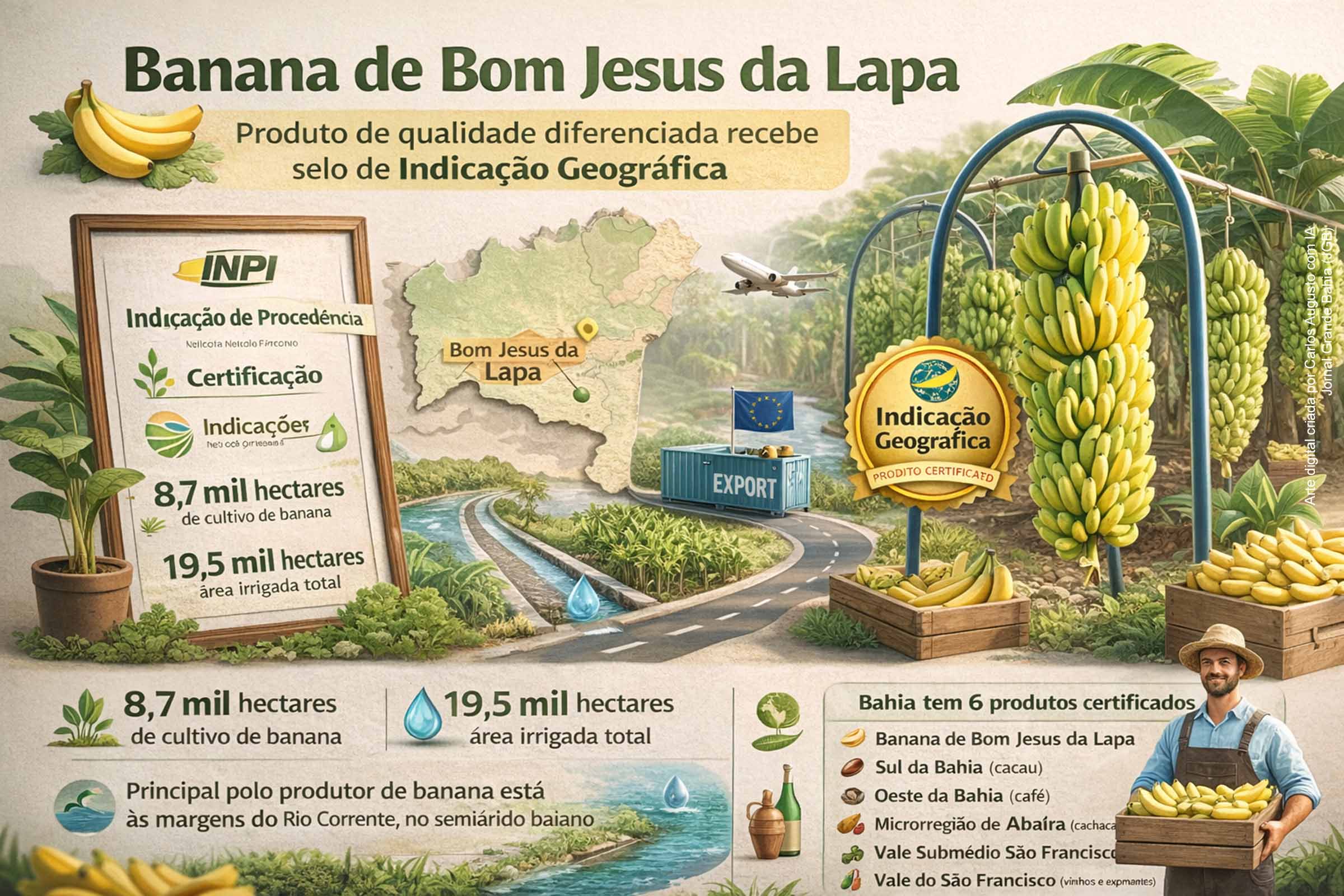 A banana produzida em Bom Jesus da Lapa recebeu o selo de Indicação Geográfica do INPI, reconhecendo a qualidade e a reputação da produção no Perímetro de Irrigação Formoso. Com características específicas de sabor e coloração, a fruta passa a integrar o conjunto de seis produtos certificados na Bahia. A expectativa é de agregação de valor, ampliação de mercados e fortalecimento da cadeia produtiva regional.