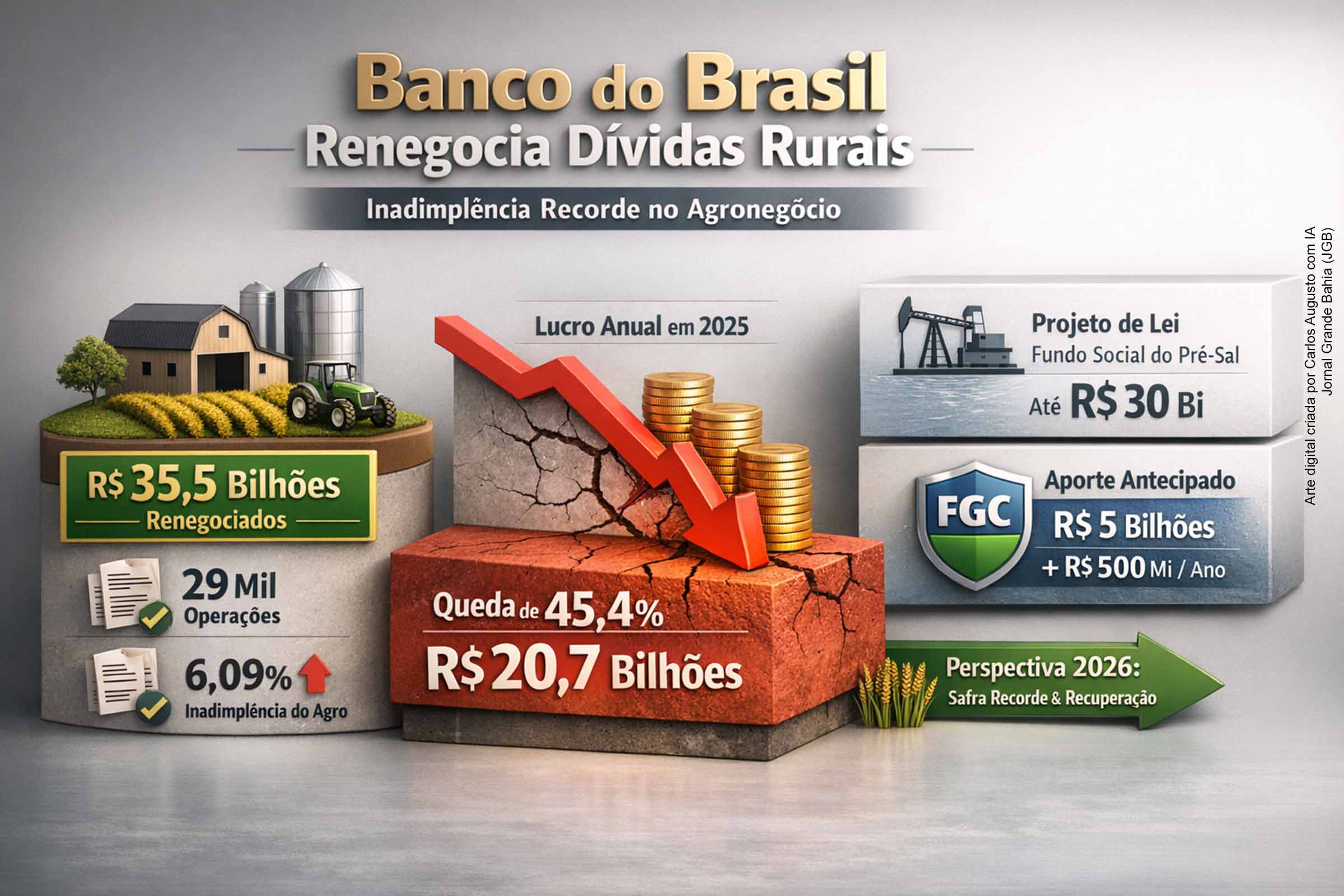 O Banco do Brasil renegociou R$ 35,5 bilhões em dívidas rurais durante a vigência da MP nº 1.314/2025, em meio a uma inadimplência recorde no agronegócio, que atingiu 6,09% da carteira. O aumento dos atrasos contribuiu para a queda de 45,4% no lucro anual do banco em 2025. Apesar disso, o resultado trimestral superou expectativas, e a instituição projeta melhora em 2026 com safra recorde e efeitos das renegociações.