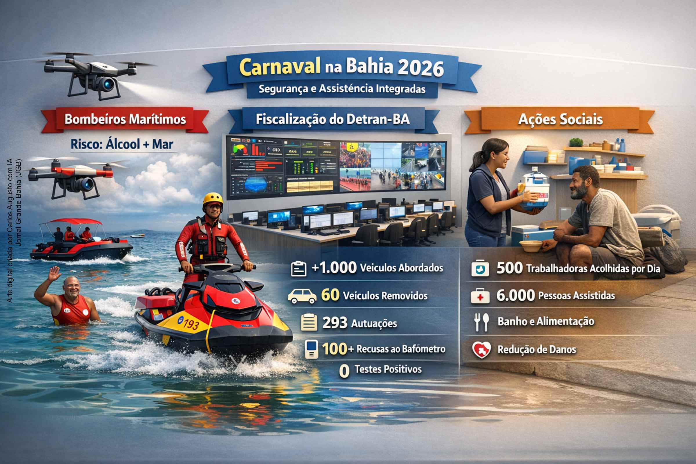 O Carnaval 2026 na Bahia reúne ações integradas de segurança e assistência social. O Corpo de Bombeiros alerta para riscos do álcool no mar e usa drones para monitoramento. O Detran intensificou blitze e monitoramento viário, com mais de mil veículos abordados. Programas sociais oferecem acolhimento a trabalhadoras e assistência a pessoas vulneráveis, atendendo milhares de beneficiários durante a folia.