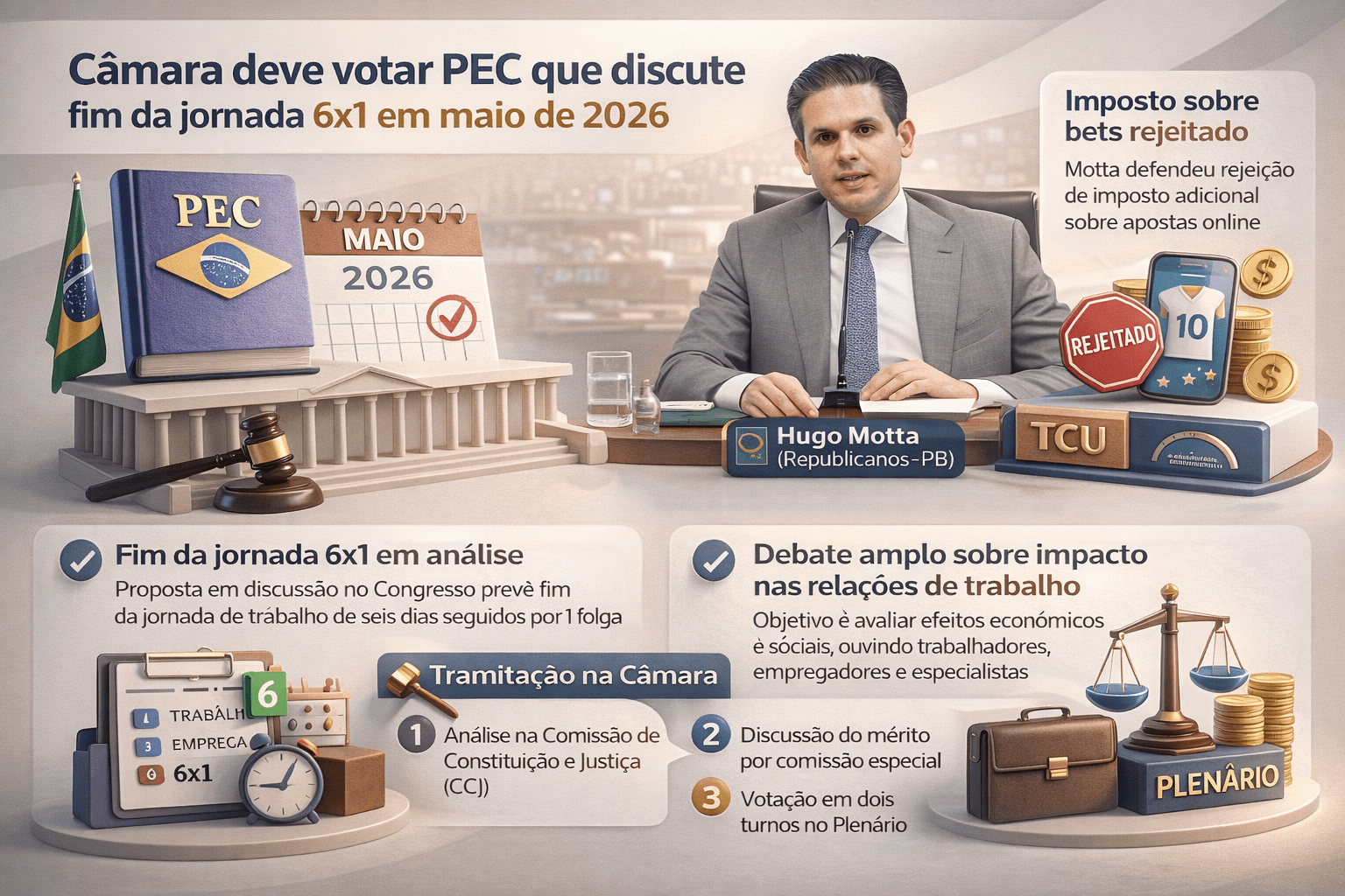 O presidente da Câmara, Hugo Motta, afirmou que a proposta de emenda à Constituição que discute o fim da jornada de trabalho 6x1 poderá ser votada em maio de 2026. A matéria tramita na CCJ e posteriormente será analisada por comissão especial antes de chegar ao plenário. Motta também comentou a rejeição do imposto adicional sobre apostas online e confirmou acordo político para indicação do deputado Odair Cunha à vaga aberta no Tribunal de Contas da União.
